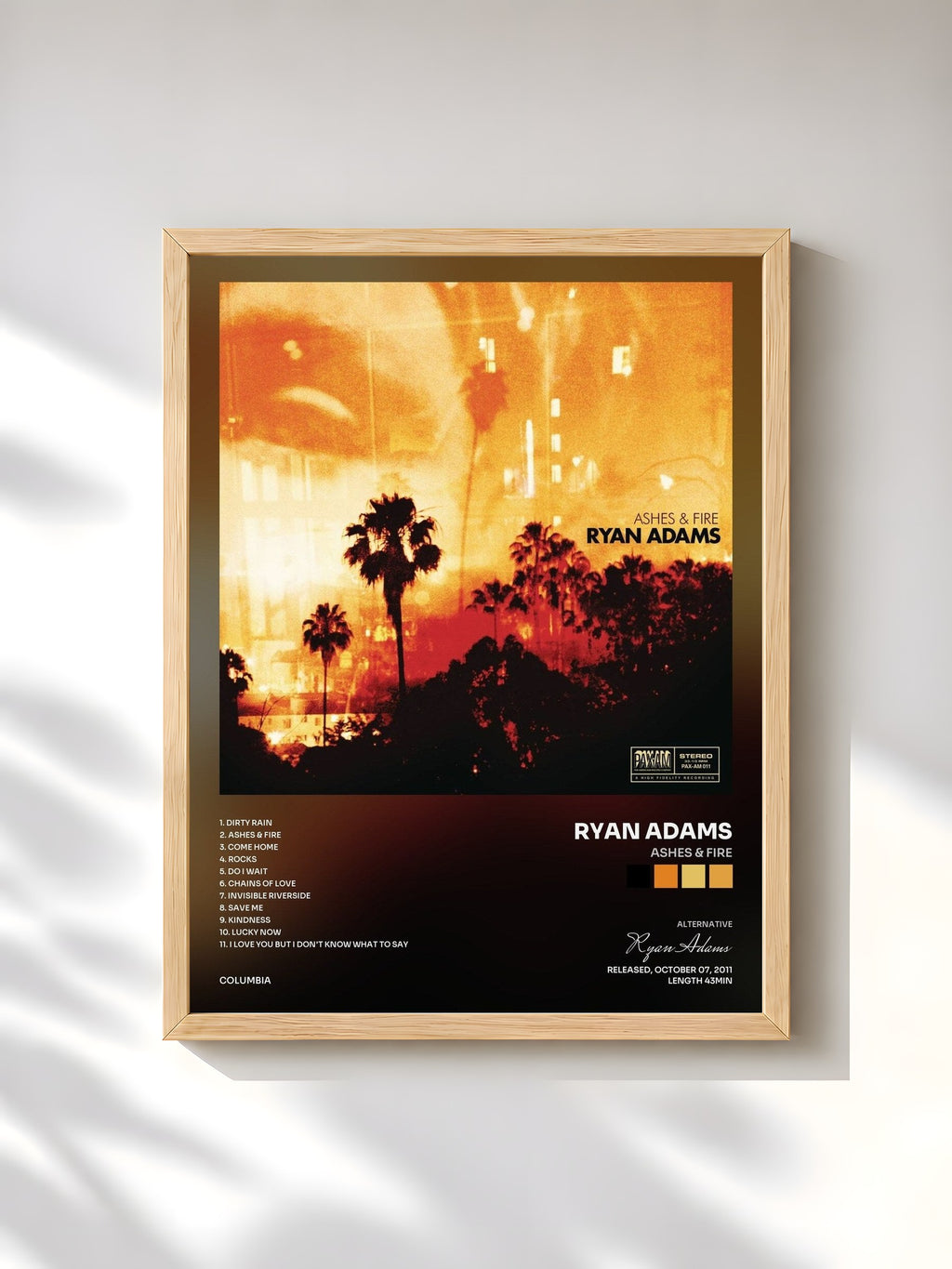 #bois Tableau de l'album Ashes & Fire de Ryan Adams, cadre en bois brut, imprimé et encadré en France