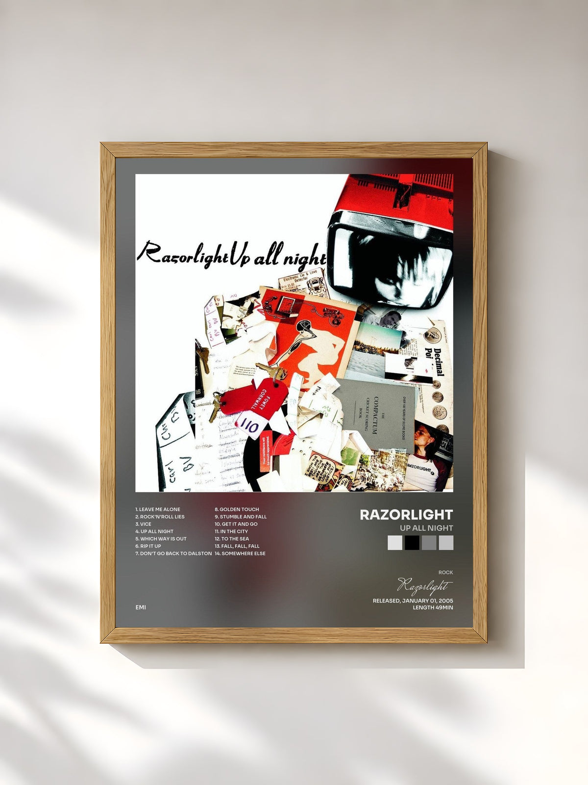 #bois Tableau de l'album Up All Night de Razorlight, cadre en bois brut, imprimé et encadré en France