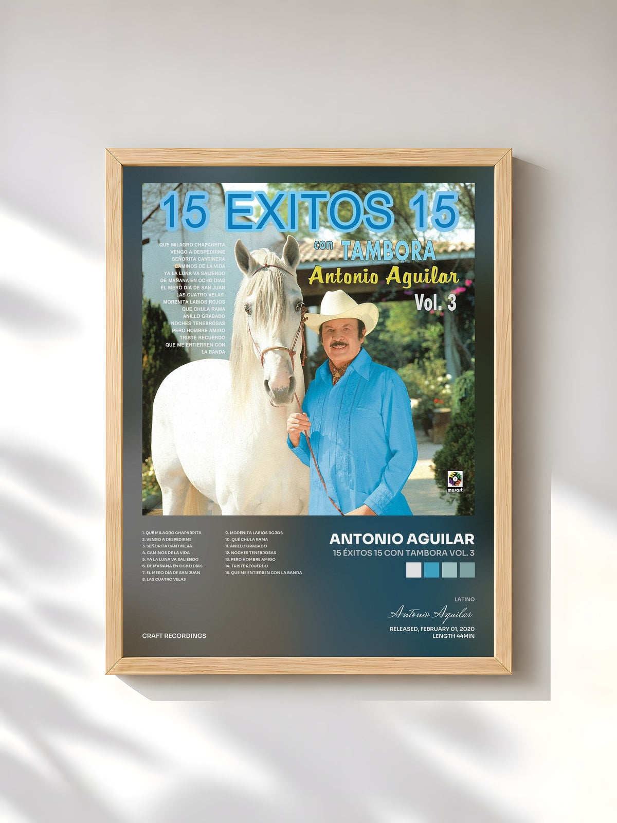 #bois Tableau de l'album 15 Éxitos 15 con Tambora Vol. 3 de Antonio Aguilar, cadre en bois brut, imprimé et encadré en France