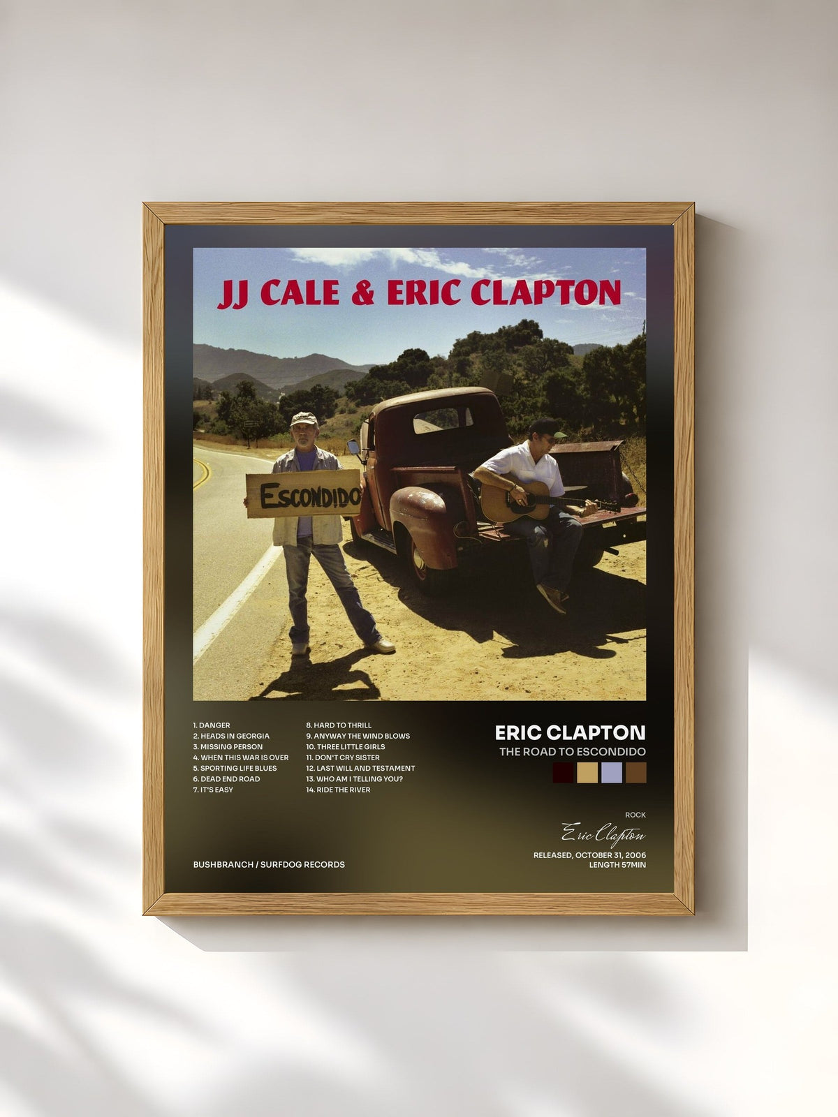 #bois Tableau de l'album The Road to Escondido de Eric Clapton, cadre en bois brut, imprimé et encadré en France