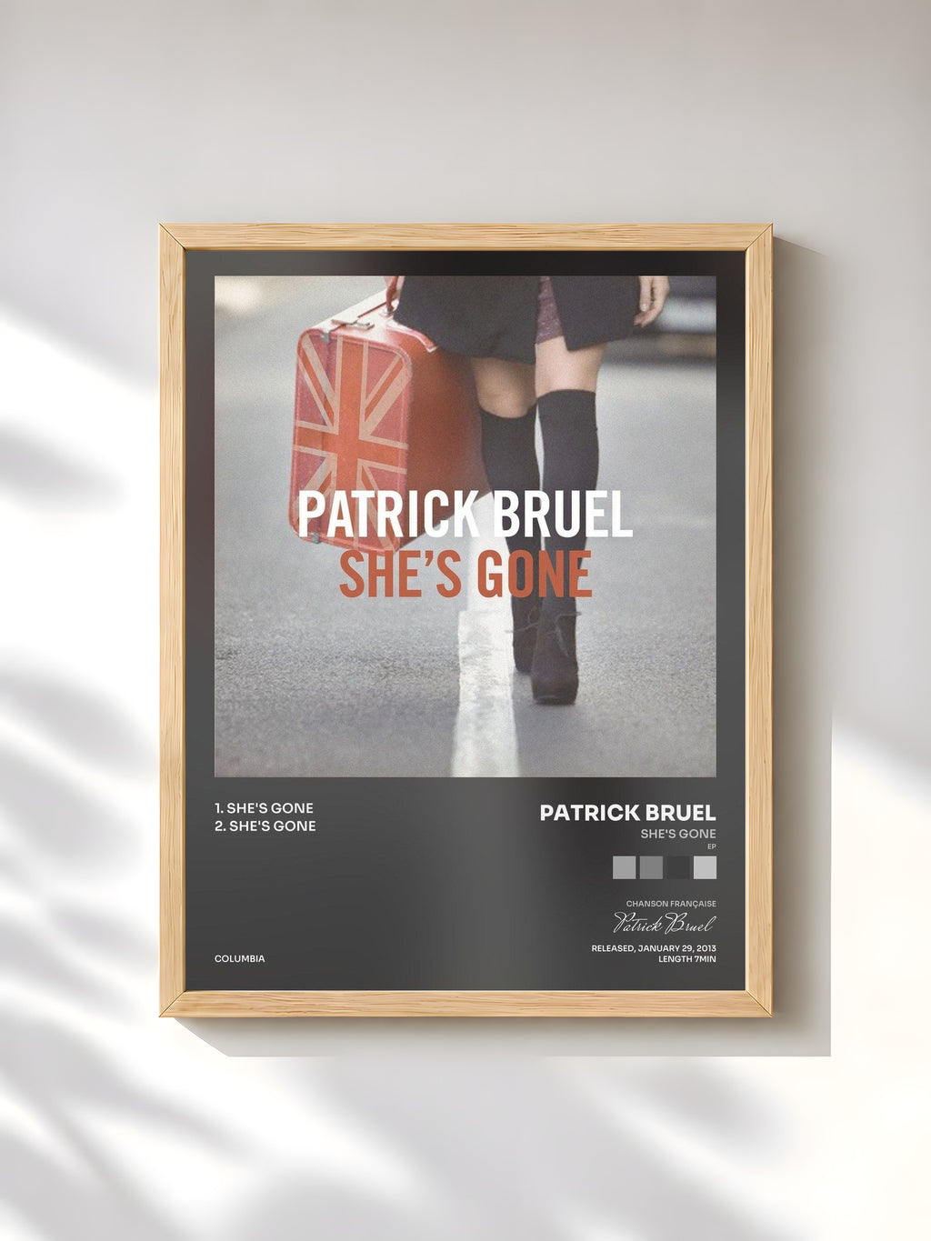 #bois Tableau de l'album She's Gone (EP) de Patrick Bruel, cadre en bois brut, imprimé et encadré en France