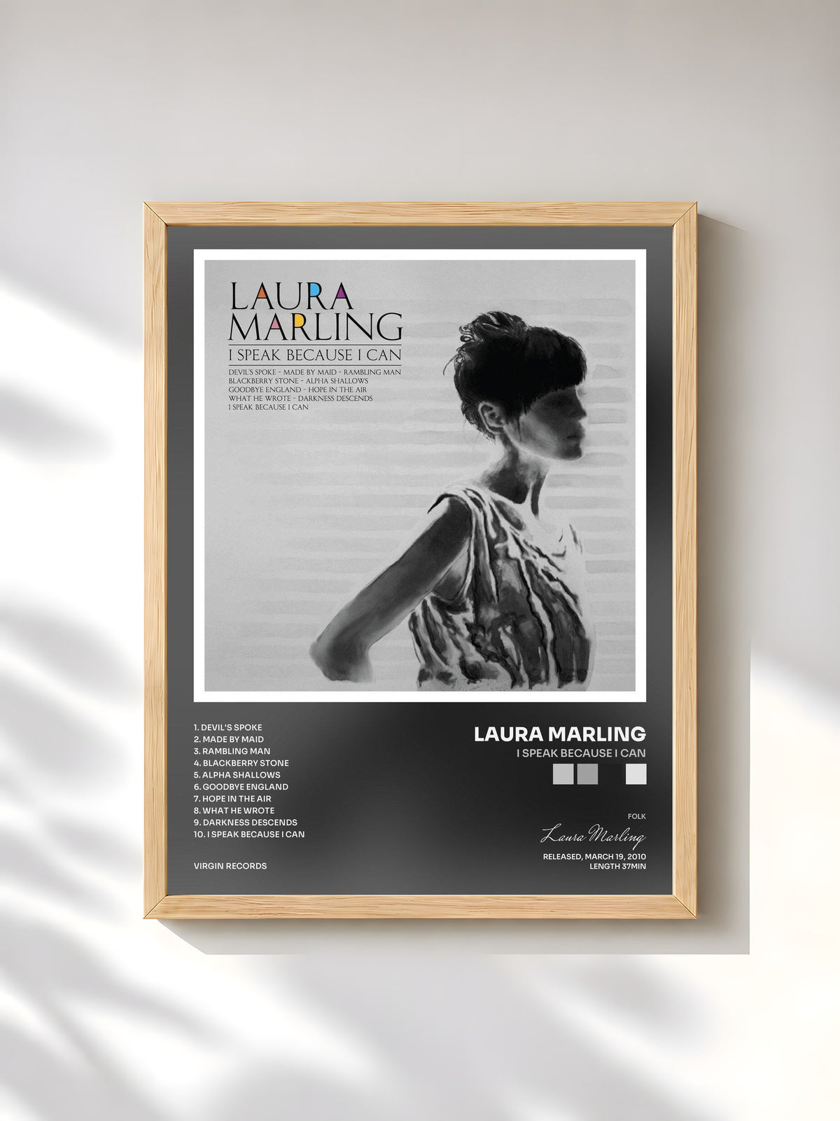 #bois Tableau de l'album I Speak Because I Can de Laura Marling, cadre en bois brut, imprimé et encadré en France