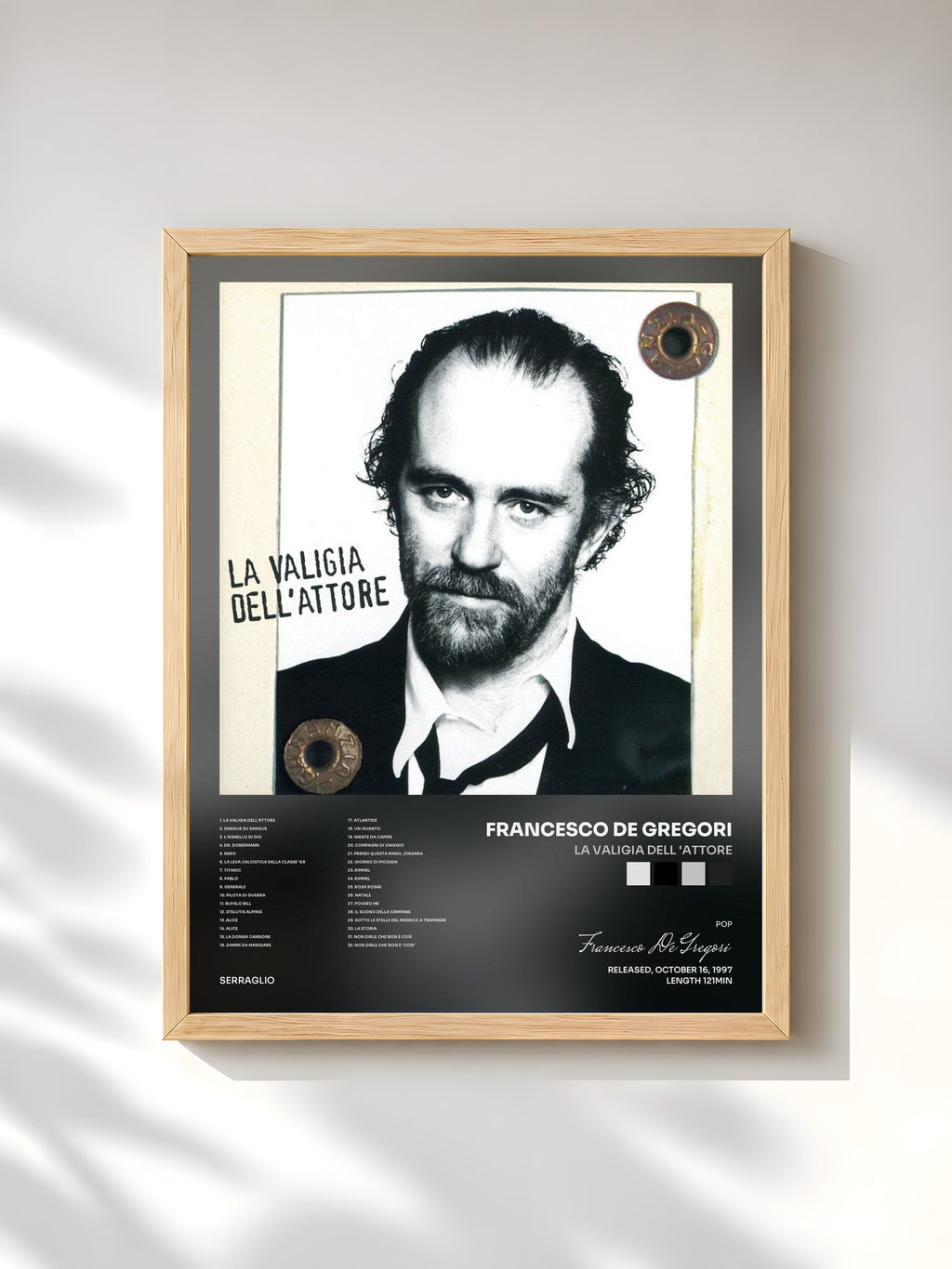 #bois Tableau de l'album La Valigia Dell 'Attore de Francesco De Gregori, cadre en bois brut, imprimé et encadré en France