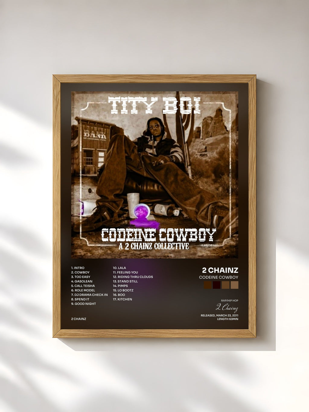 #bois Tableau de l'album Codeine Cowboy de 2 Chainz, cadre en bois brut, imprimé et encadré en France