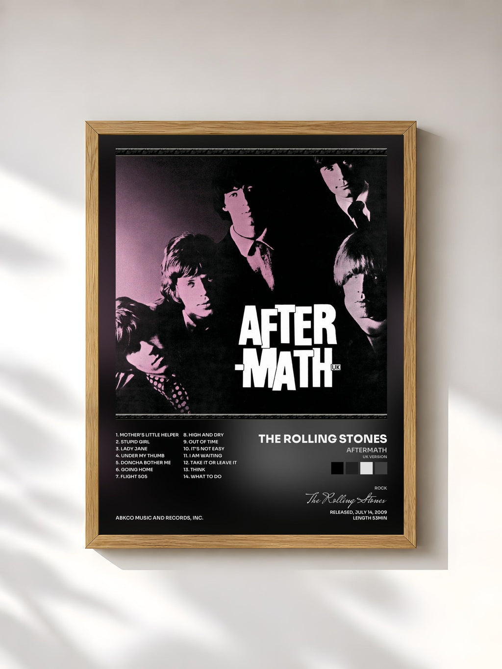 #bois Tableau de l'album Aftermath (UK Version) de The Rolling Stones, cadre en bois brut, imprimé et encadré en France