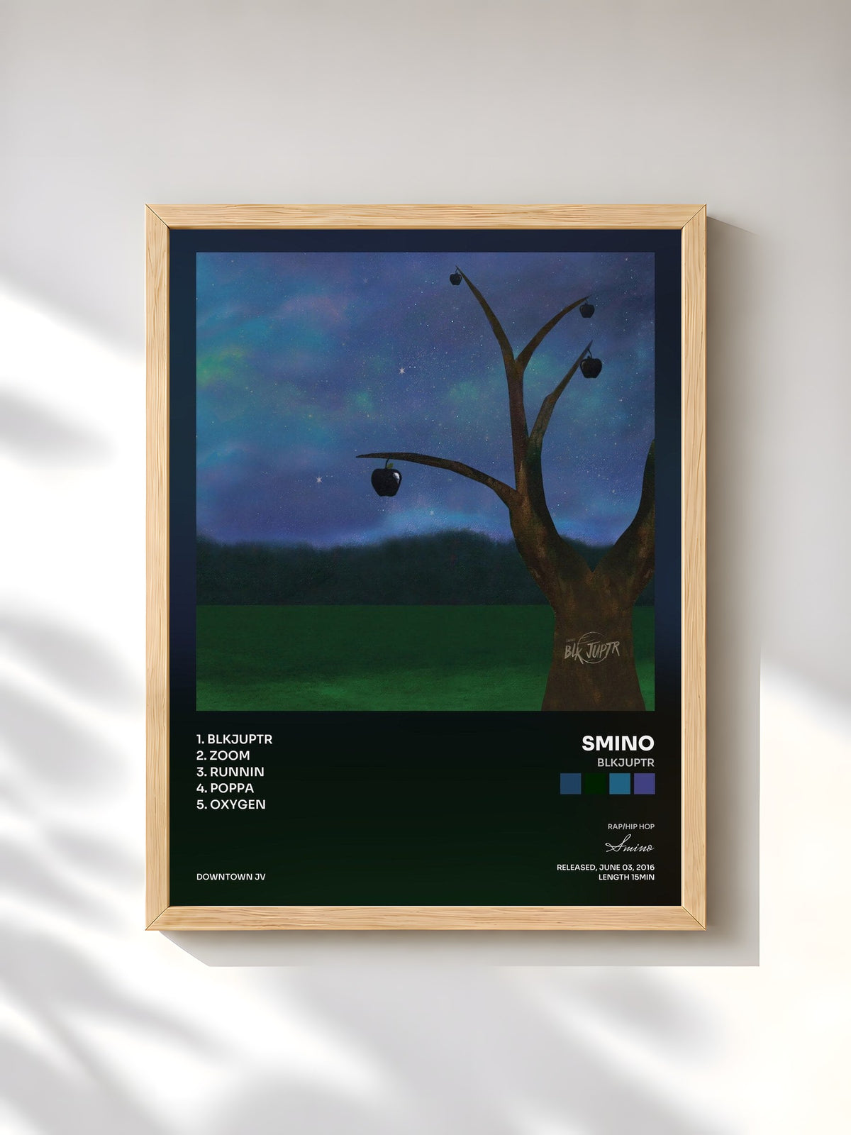 #bois Tableau de l'album blkjuptr de Smino, cadre en bois brut, imprimé et encadré en France