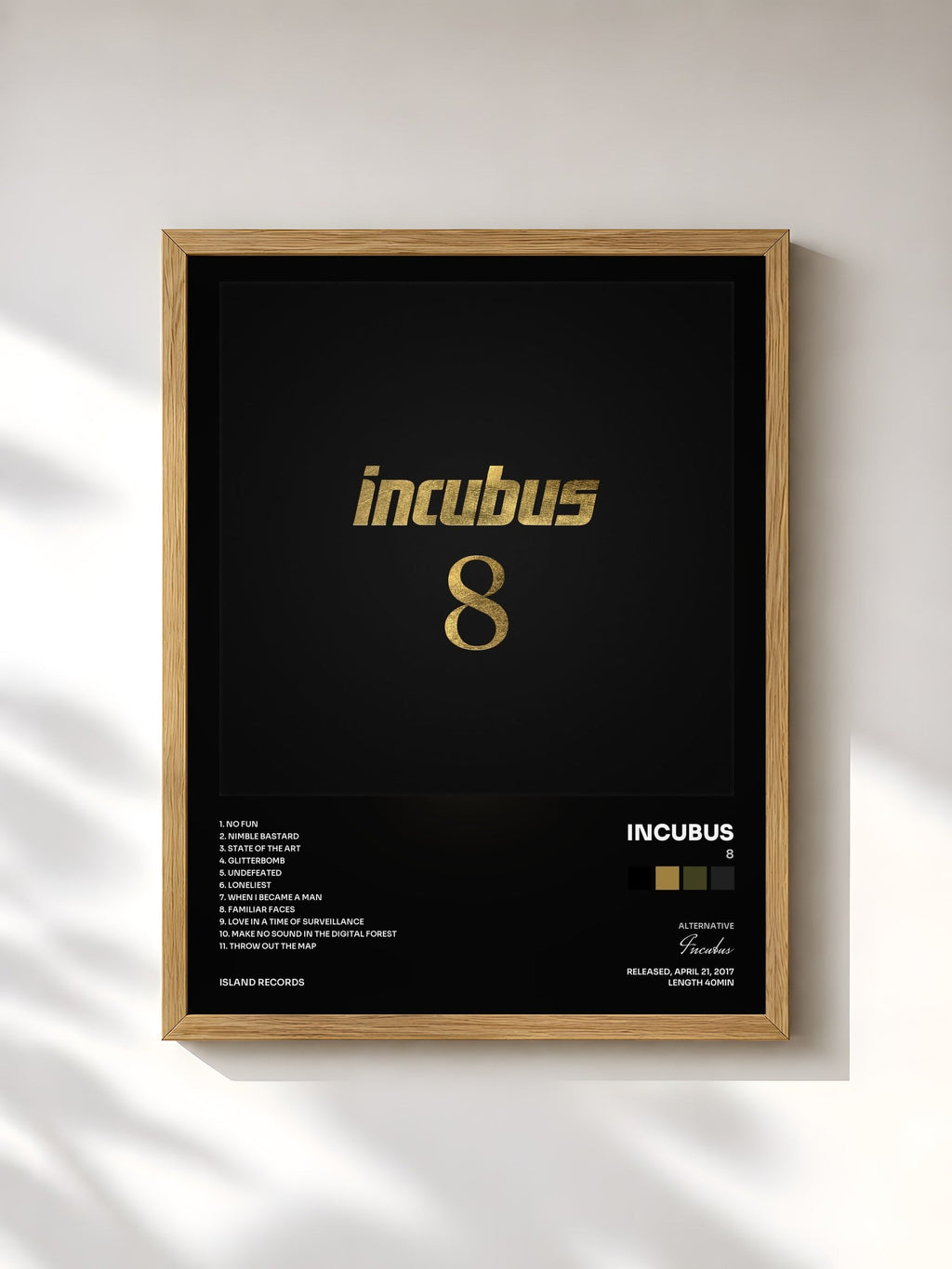 #bois Tableau de l'album 8 de Incubus, cadre en bois brut, imprimé et encadré en France