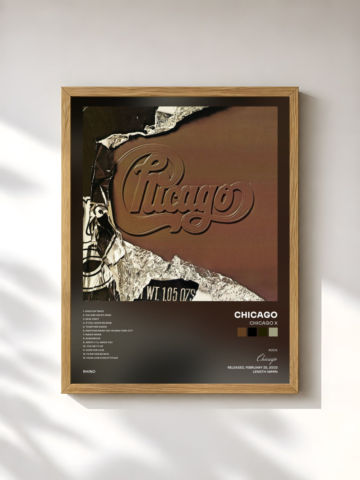 #bois Tableau de l'album Chicago X de Chicago, cadre en bois brut, imprimé et encadré en France