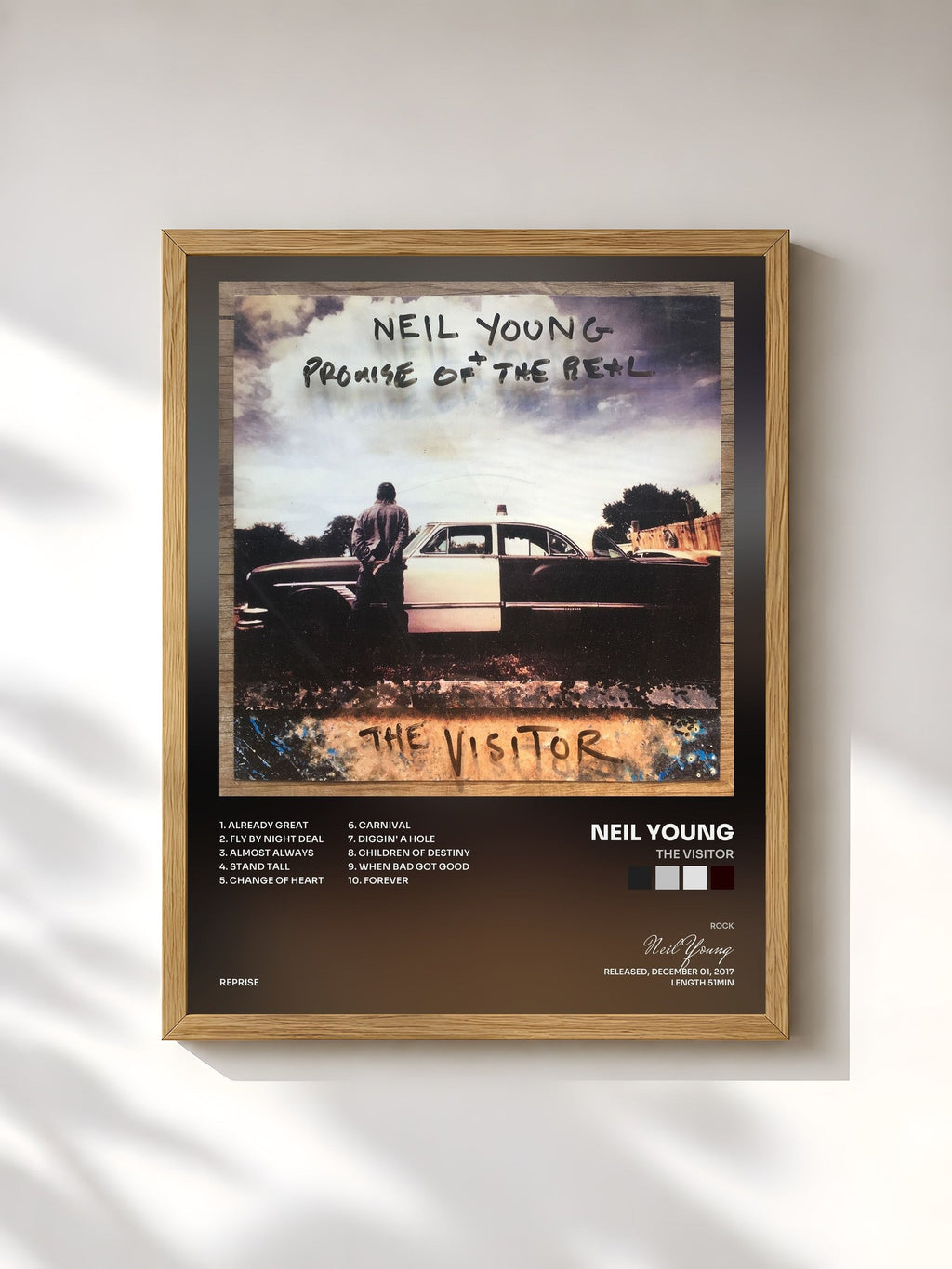 #bois Tableau de l'album The Visitor de Neil Young, cadre en bois brut, imprimé et encadré en France