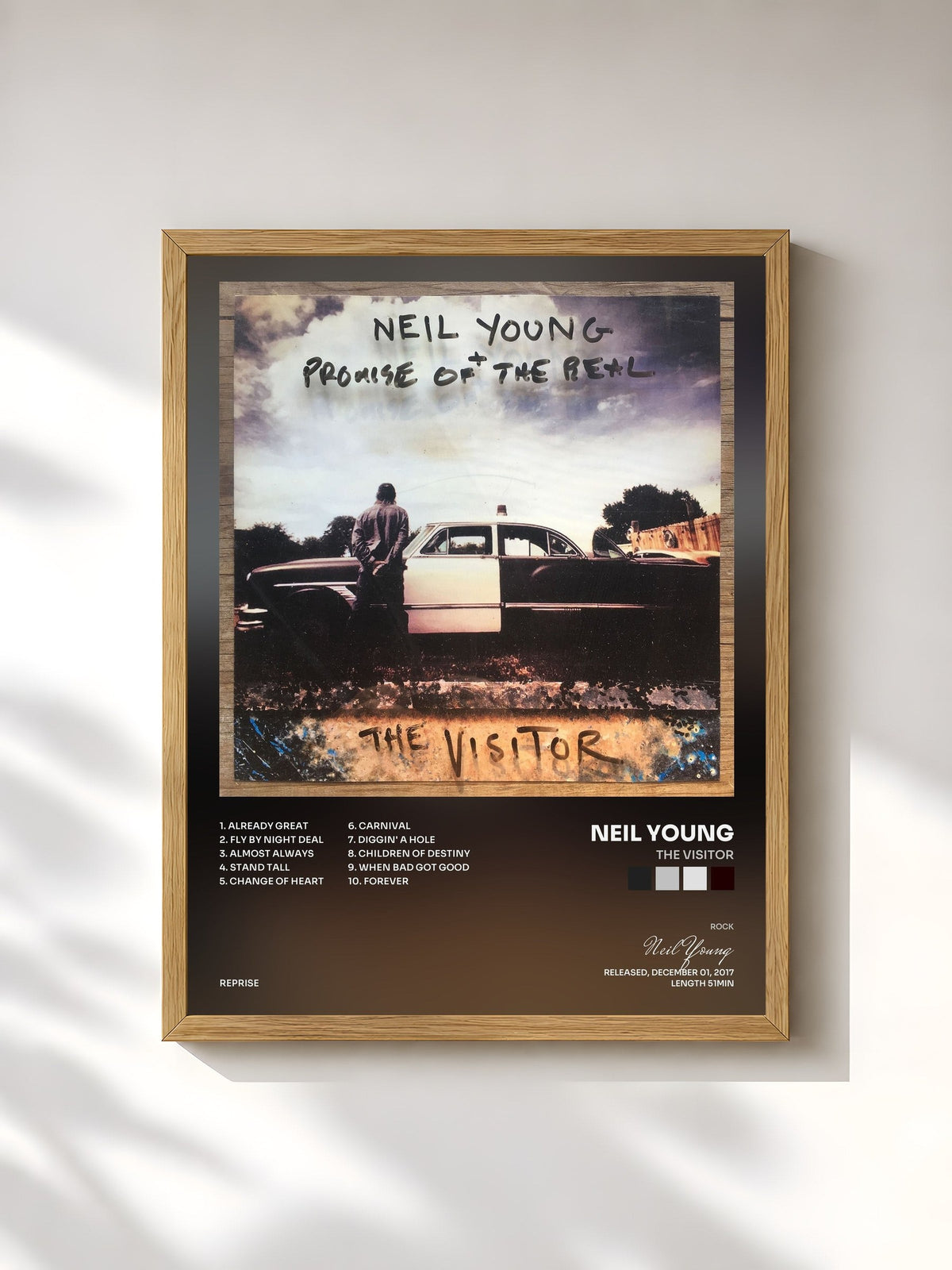 #bois Tableau de l'album The Visitor de Neil Young, cadre en bois brut, imprimé et encadré en France