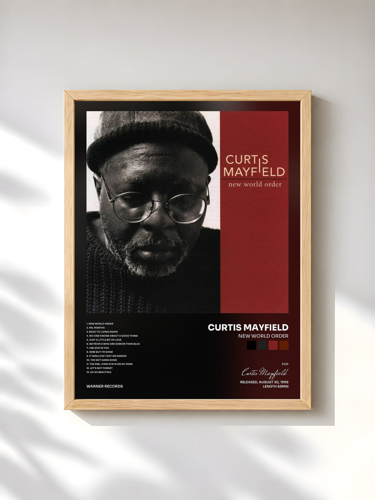 #bois Tableau de l'album New World Order de Curtis Mayfield, cadre en bois brut, imprimé et encadré en France