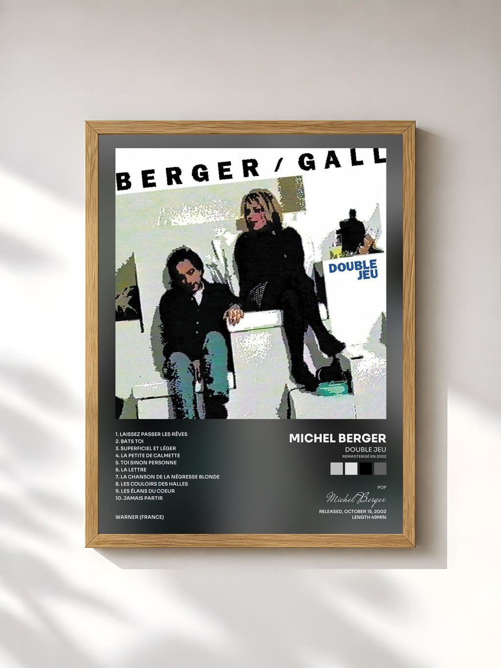 #bois Tableau de l'album Double jeu (Remasterisé en 2002) de Michel Berger, cadre en bois brut, imprimé et encadré en France