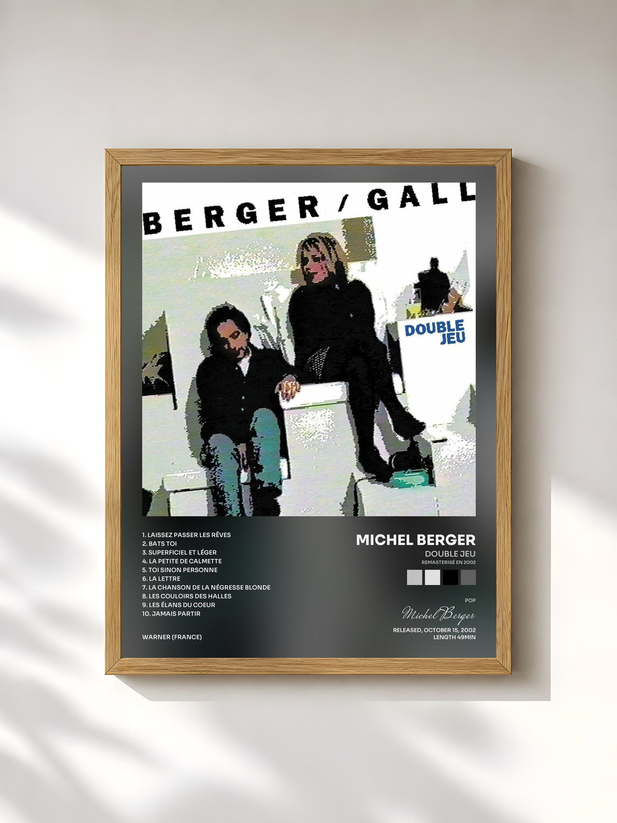 #bois Tableau de l'album Double jeu (Remasterisé en 2002) de Michel Berger, cadre en bois brut, imprimé et encadré en France