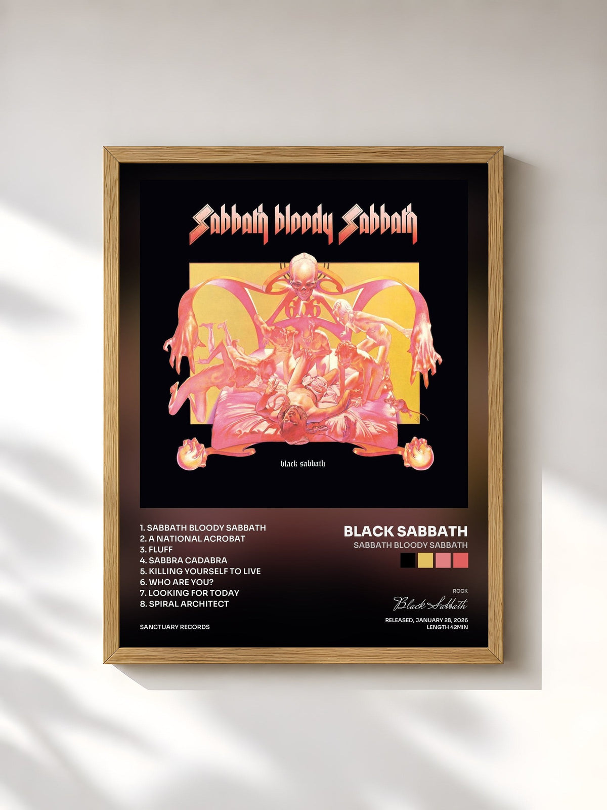 #bois Tableau de l'album Sabbath Bloody Sabbath de Black Sabbath, cadre en bois brut, imprimé et encadré en France