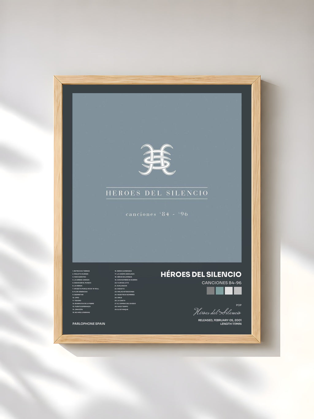 #bois Tableau de l'album Canciones '84-'96 de Héroes del Silencio, cadre en bois brut, imprimé et encadré en France