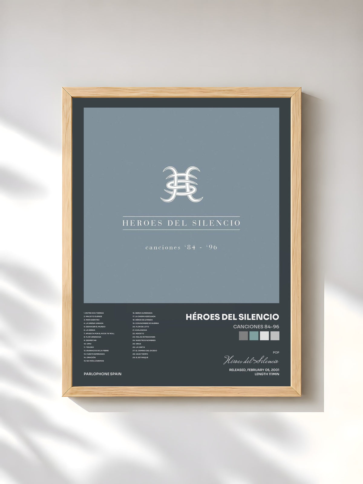 #bois Tableau de l'album Canciones '84-'96 de Héroes del Silencio, cadre en bois brut, imprimé et encadré en France