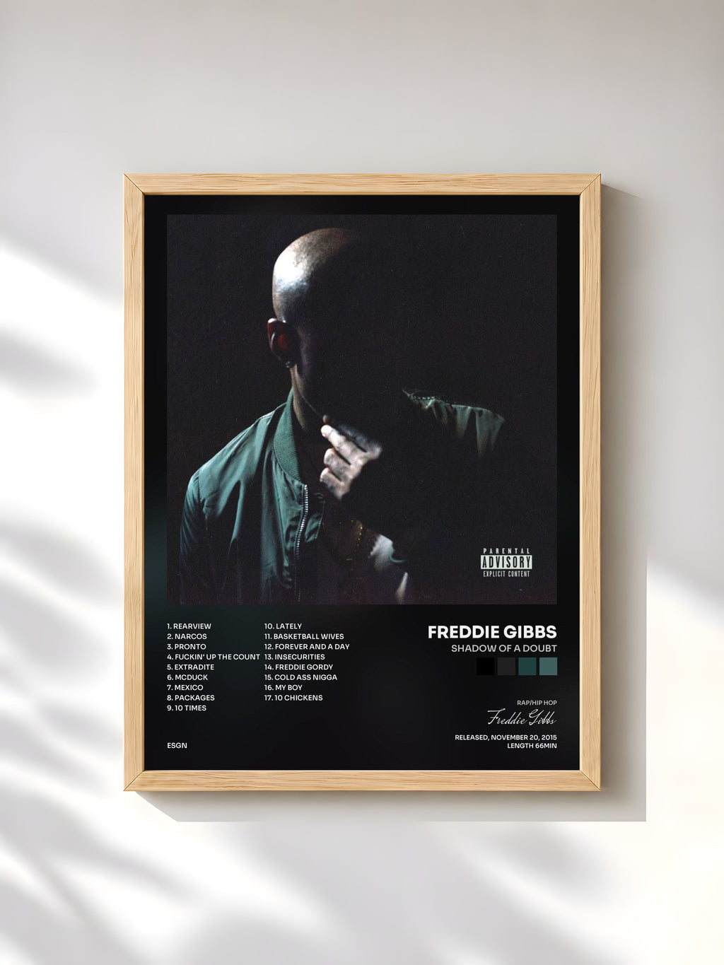 #bois Tableau de l'album Shadow of a Doubt de Freddie Gibbs, cadre en bois brut, imprimé et encadré en France