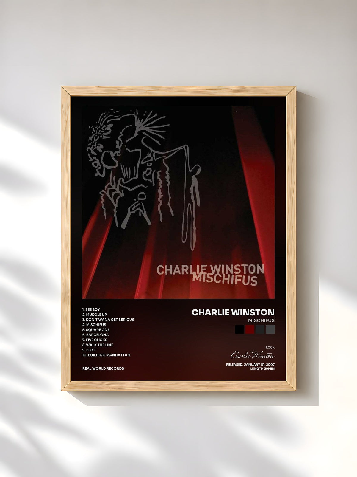 #bois Tableau de l'album Mischifus de Charlie Winston, cadre en bois brut, imprimé et encadré en France
