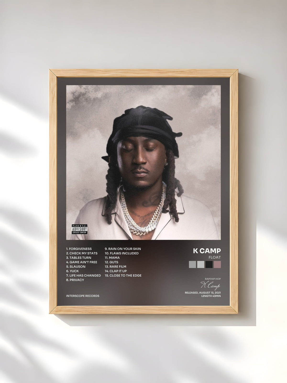 #bois Tableau de l'album FLOAT de K Camp, cadre en bois brut, imprimé et encadré en France