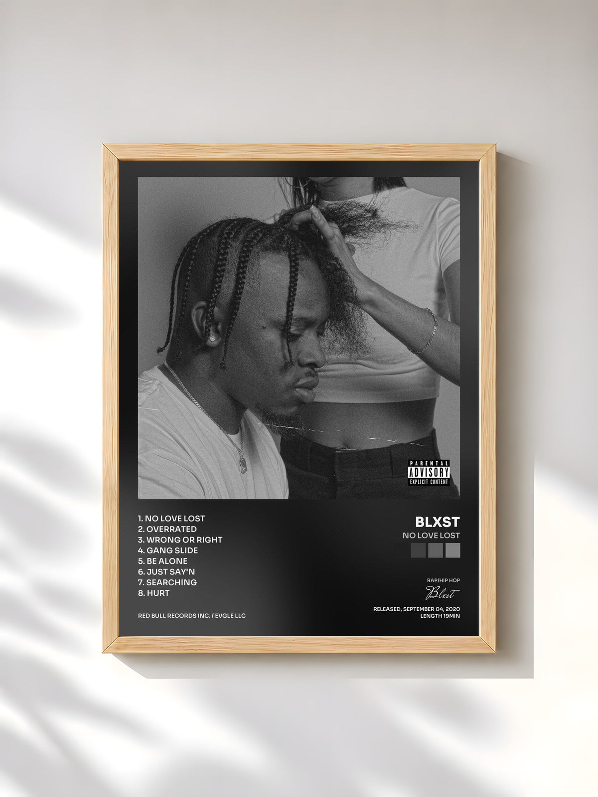 #bois Tableau de l'album No Love Lost de Blxst, cadre en bois brut, imprimé et encadré en France