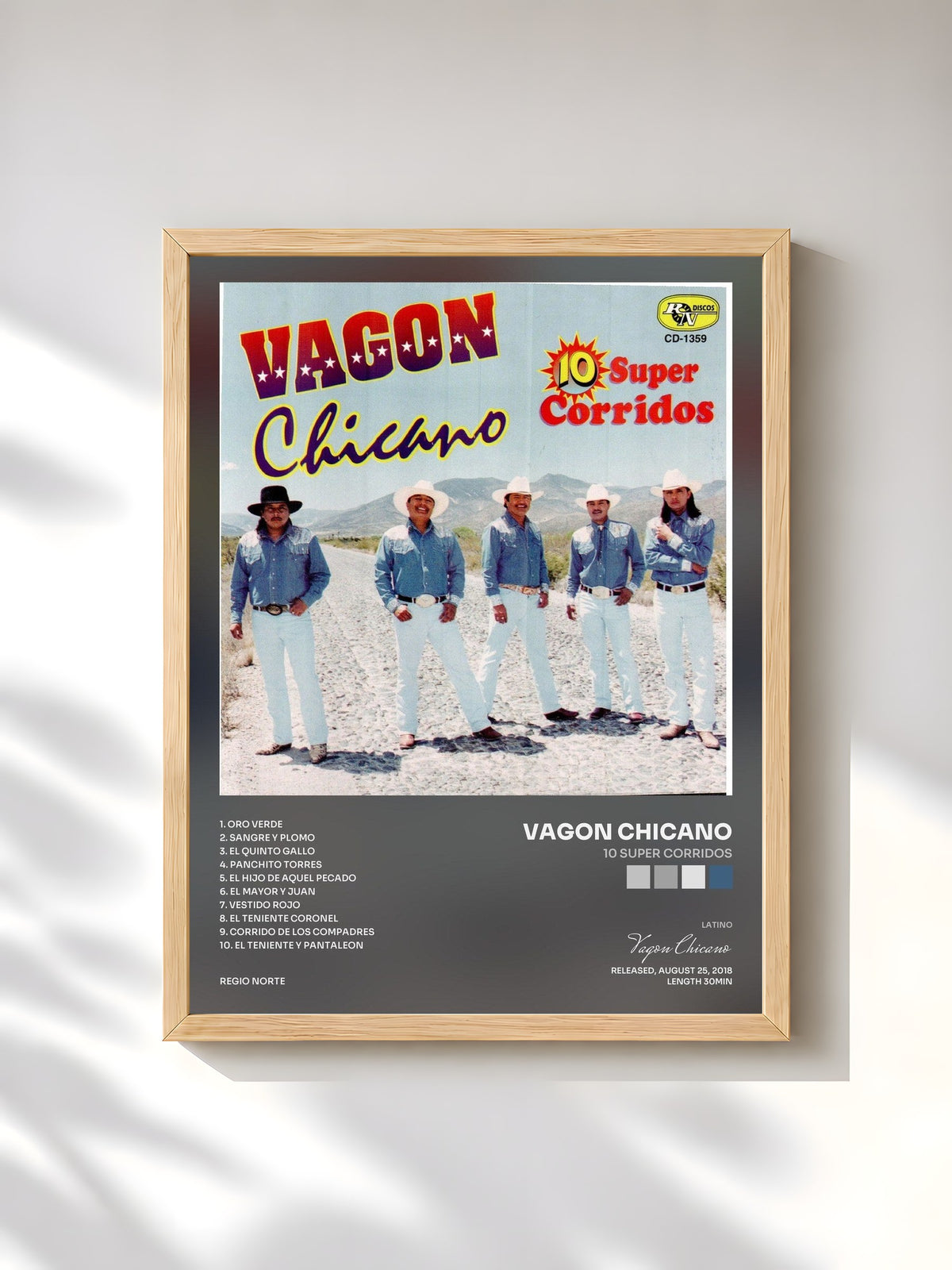 #bois Tableau de l'album 10 Super Corridos de Vagon Chicano, cadre en bois brut, imprimé et encadré en France