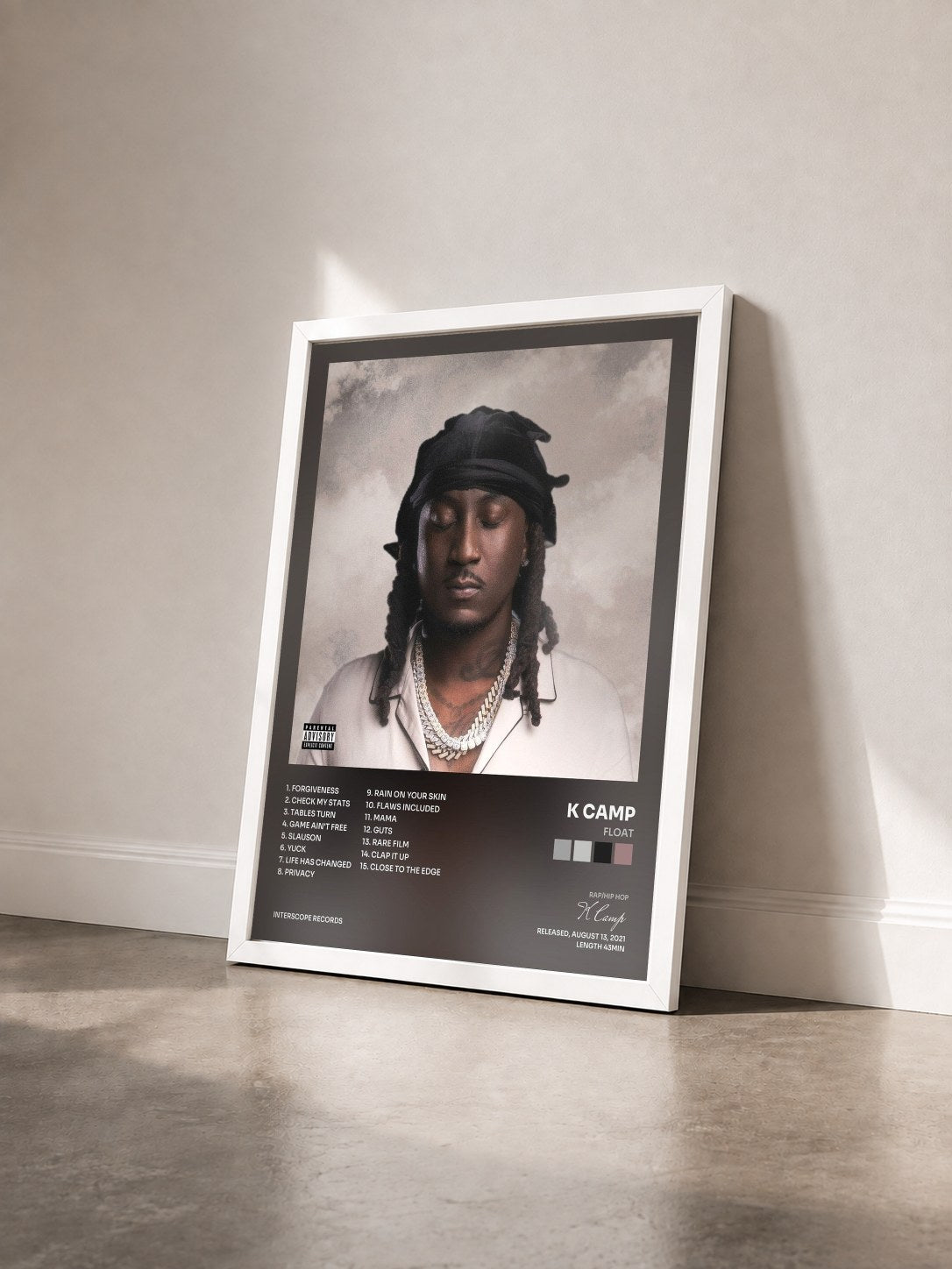 #blanc Tableau de l'album FLOAT de K Camp vu de trois quarts, cadre blanc