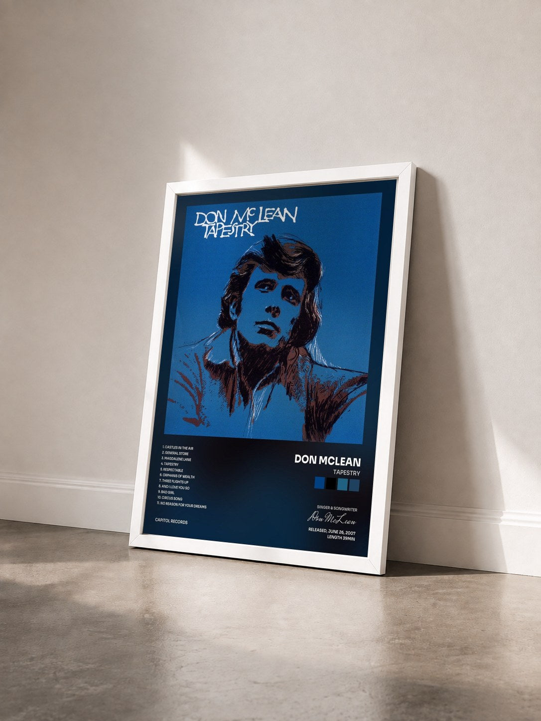 #blanc Tableau de l'album Tapestry de Don McLean vu de trois quarts, cadre blanc