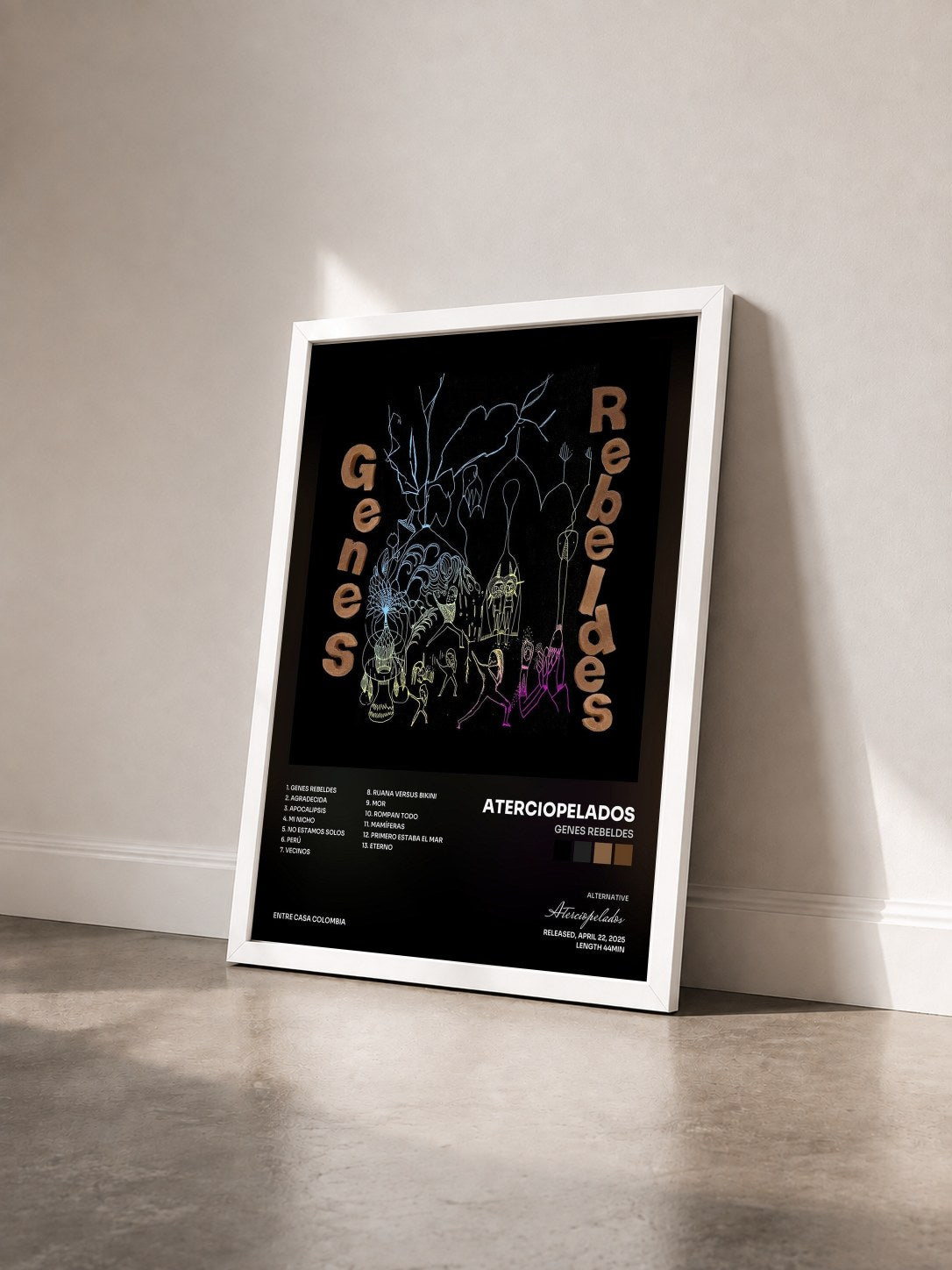 #blanc Tableau de l'album Genes Rebeldes de Aterciopelados vu de trois quarts, cadre blanc
