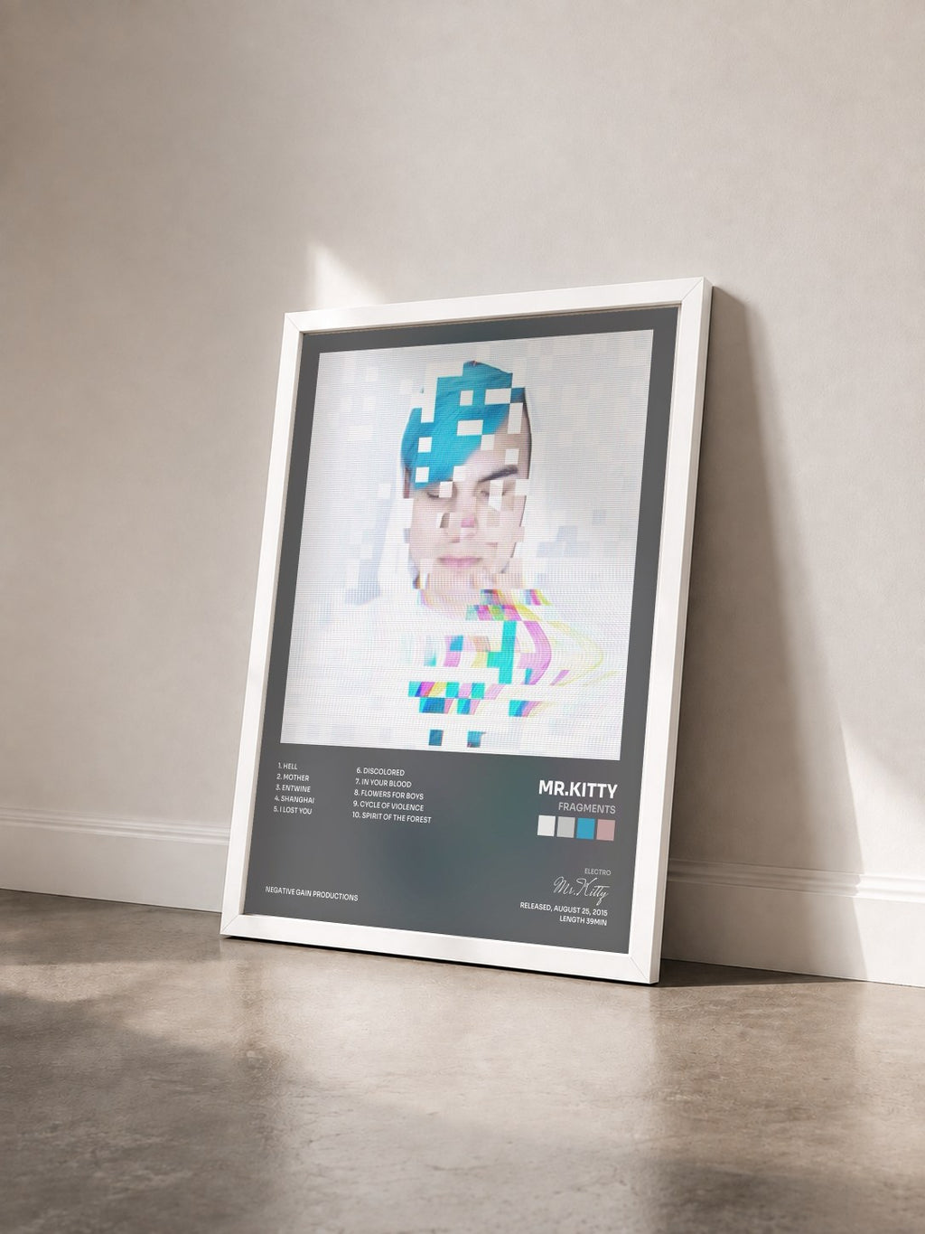 #blanc Tableau de l'album Fragments de Mr.Kitty vu de trois quarts, cadre blanc