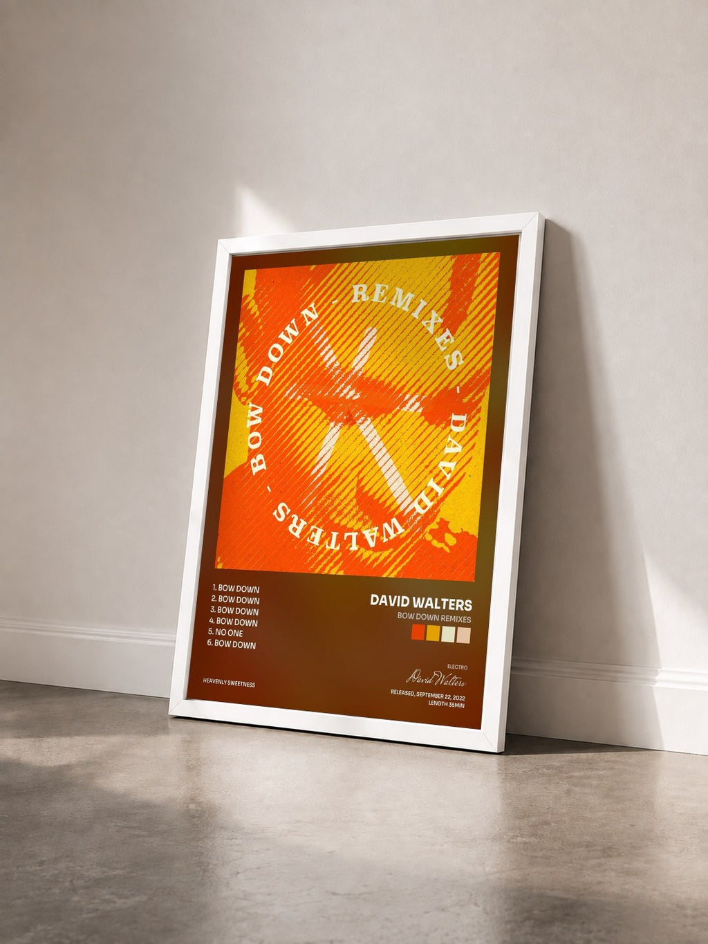 #blanc Tableau de l'album Bow Down Remixes de David Walters vu de trois quarts, cadre blanc