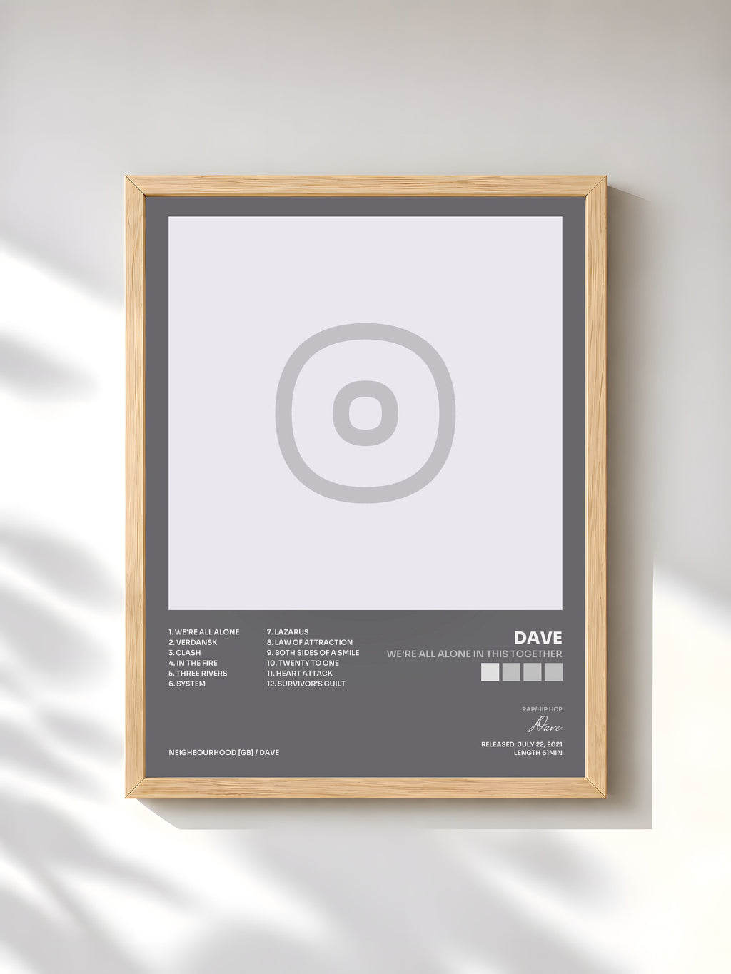 #bois Tableau de l'album We're All Alone In This Together de Dave, cadre en bois brut, imprimé et encadré en France