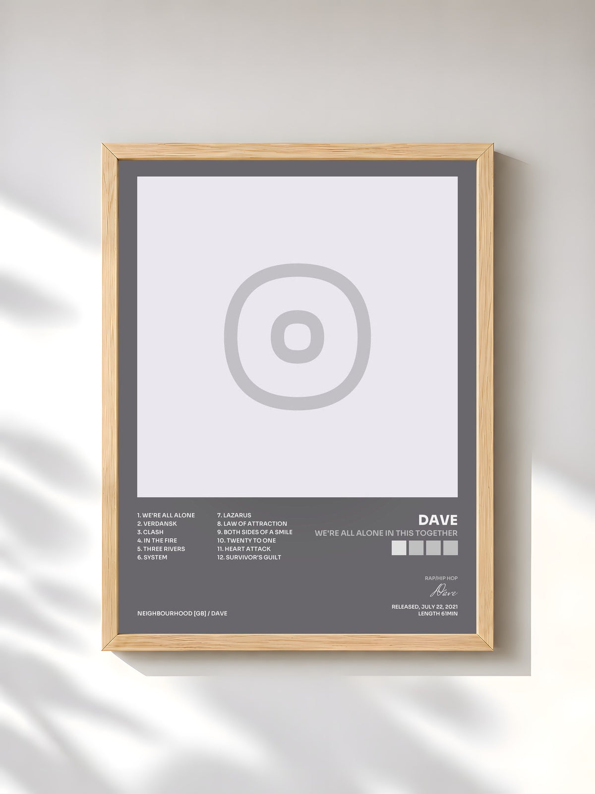 #bois Tableau de l'album We're All Alone In This Together de Dave, cadre en bois brut, imprimé et encadré en France
