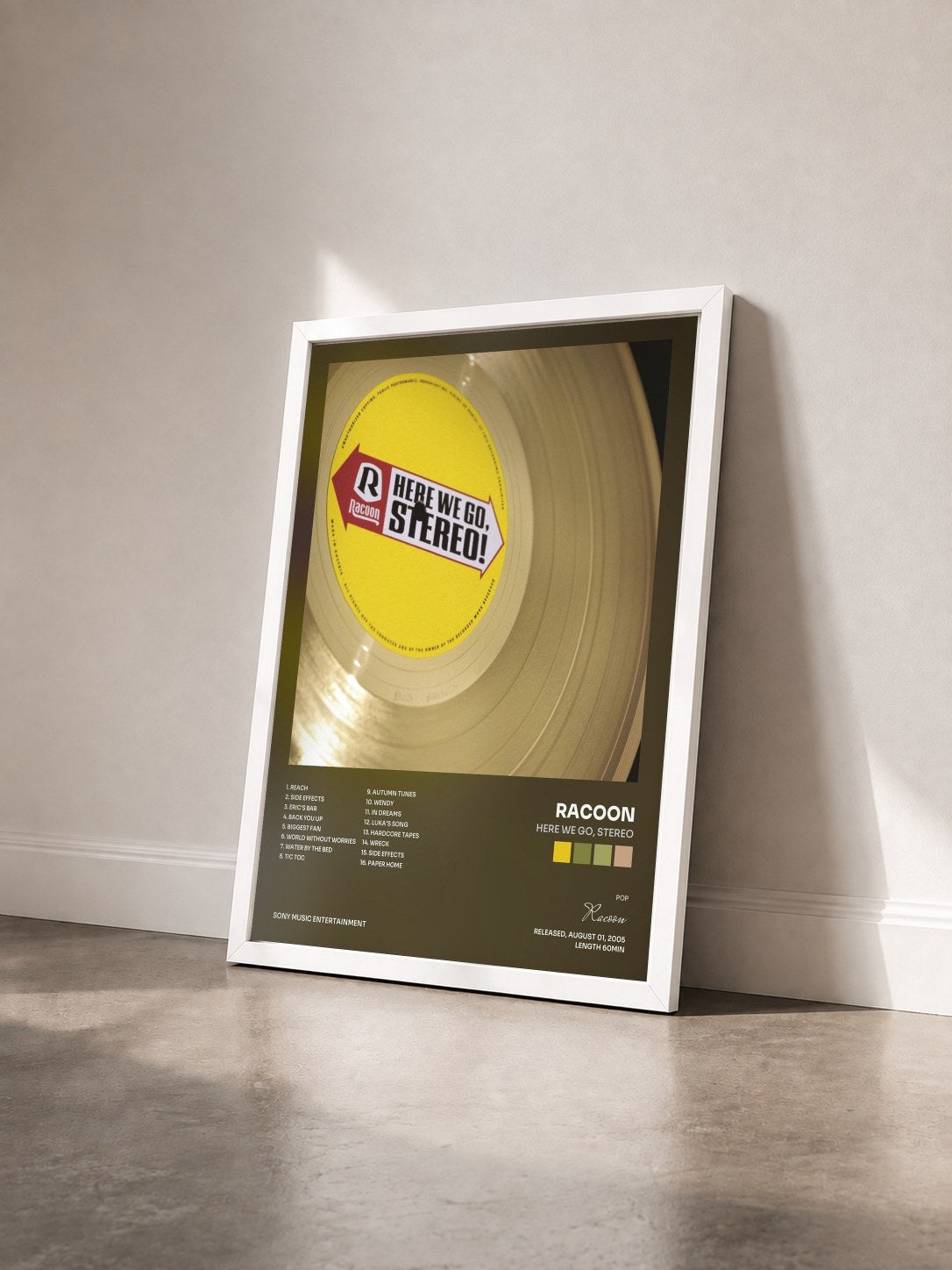 #blanc Tableau de l'album Here We Go, Stereo de Racoon vu de trois quarts, cadre blanc