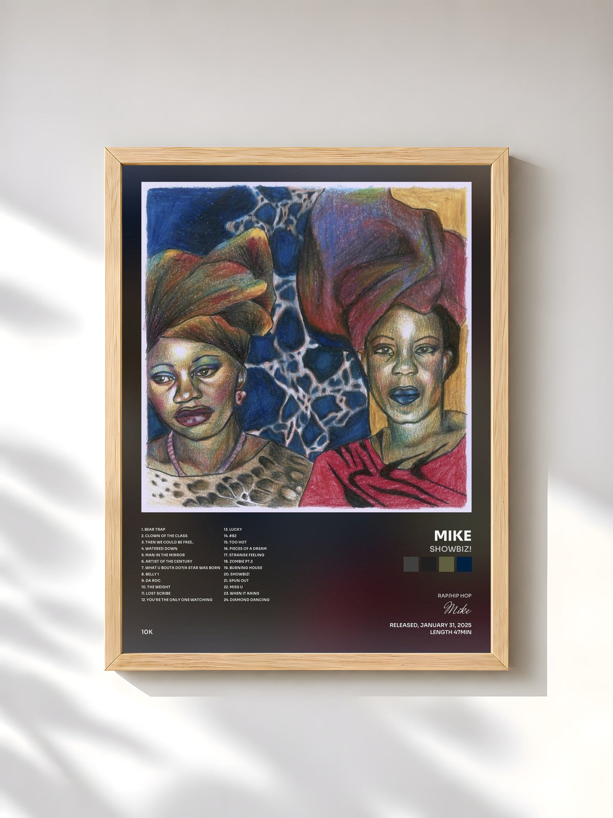 #bois Tableau de l'album Showbiz! de Mike, cadre en bois brut, imprimé et encadré en France