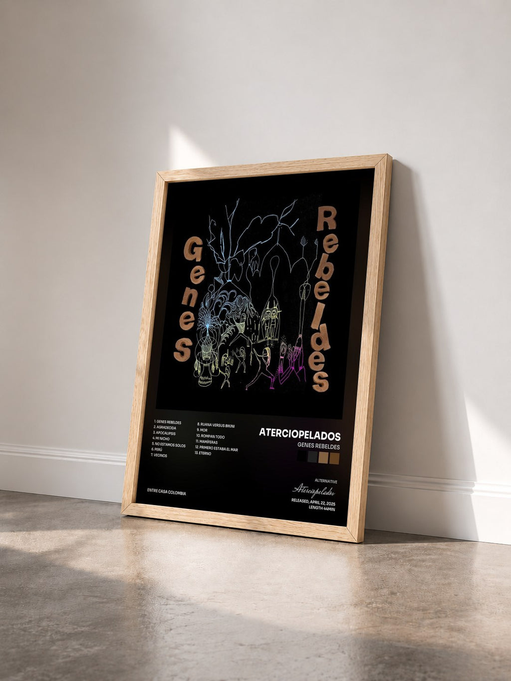 #bois Tableau de l'album Genes Rebeldes de Aterciopelados vu de trois quarts, cadre en bois brut