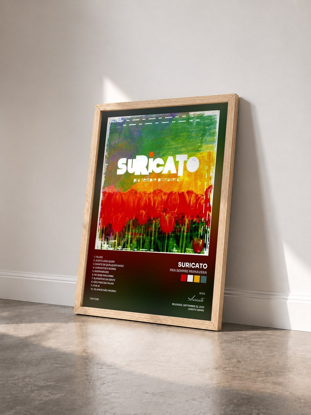 #bois Tableau de l'album Pra Sempre Primavera de Suricato vu de trois quarts, cadre en bois brut