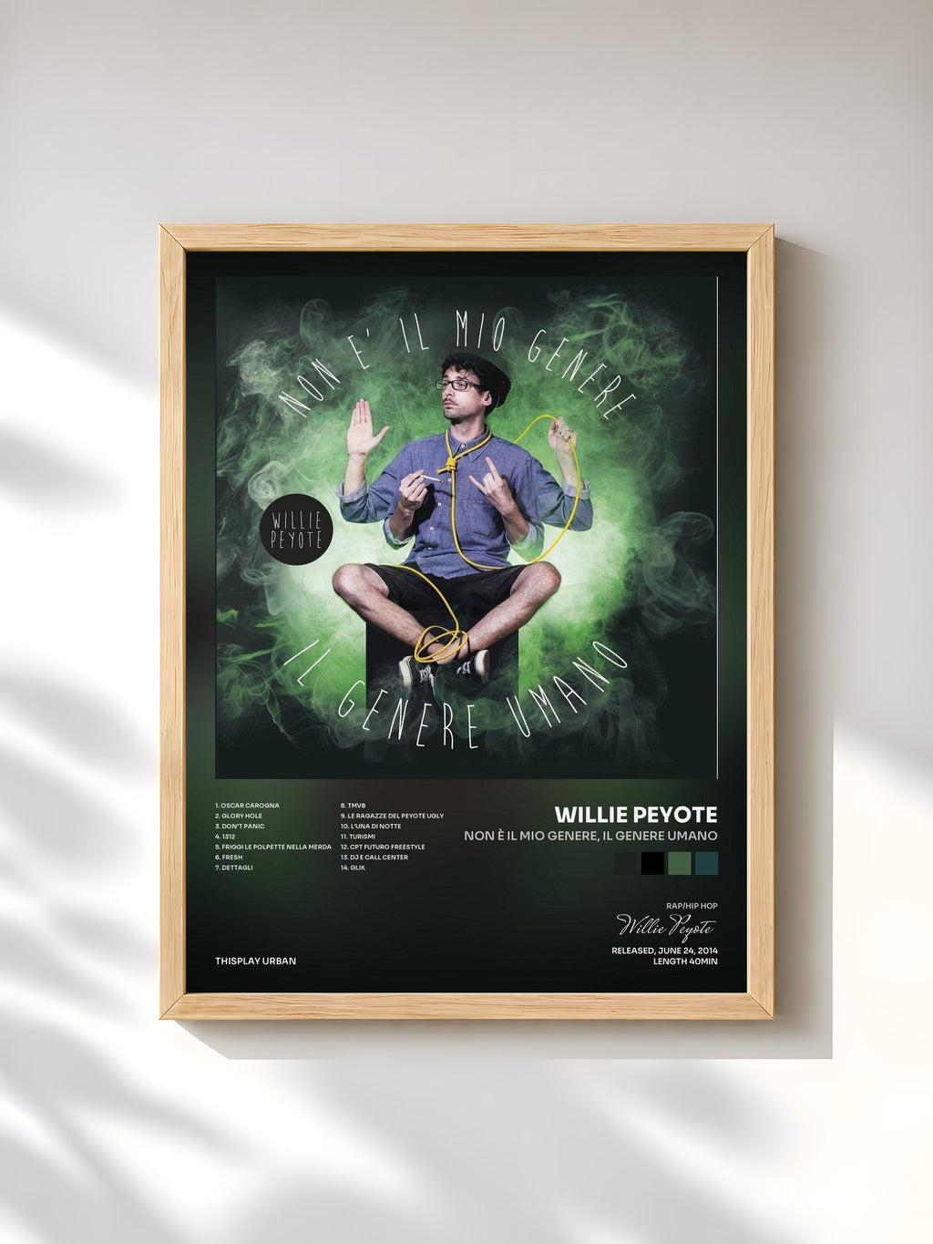 #bois Tableau de l'album Non è il mio genere, il genere umano de Willie Peyote, cadre en bois brut, imprimé et encadré en France