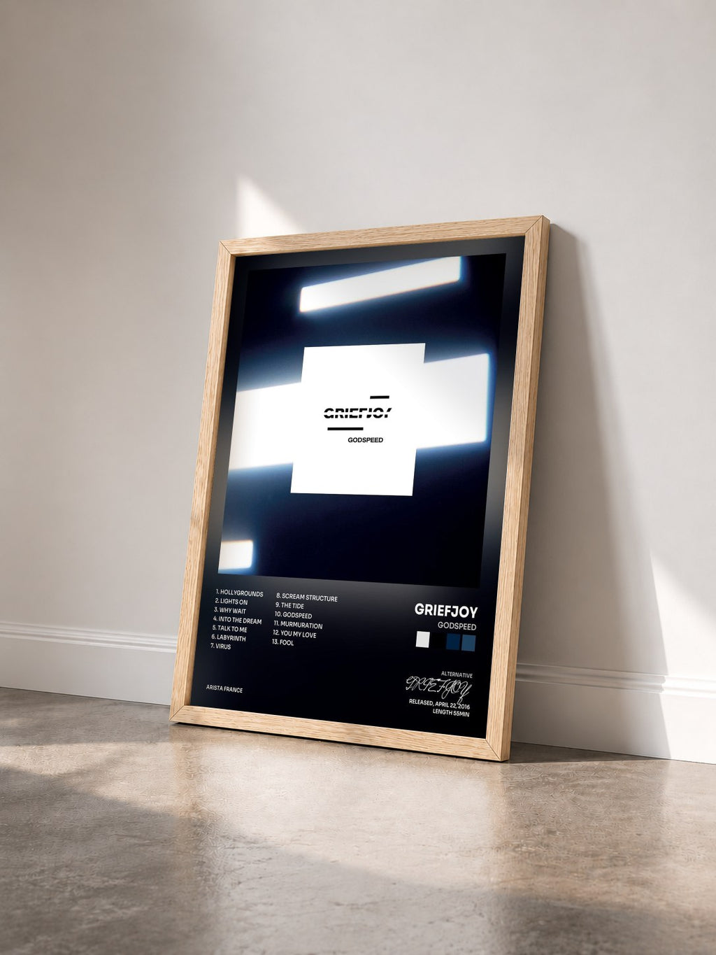 #bois Tableau de l'album Godspeed de GRIEFJOY vu de trois quarts, cadre en bois brut
