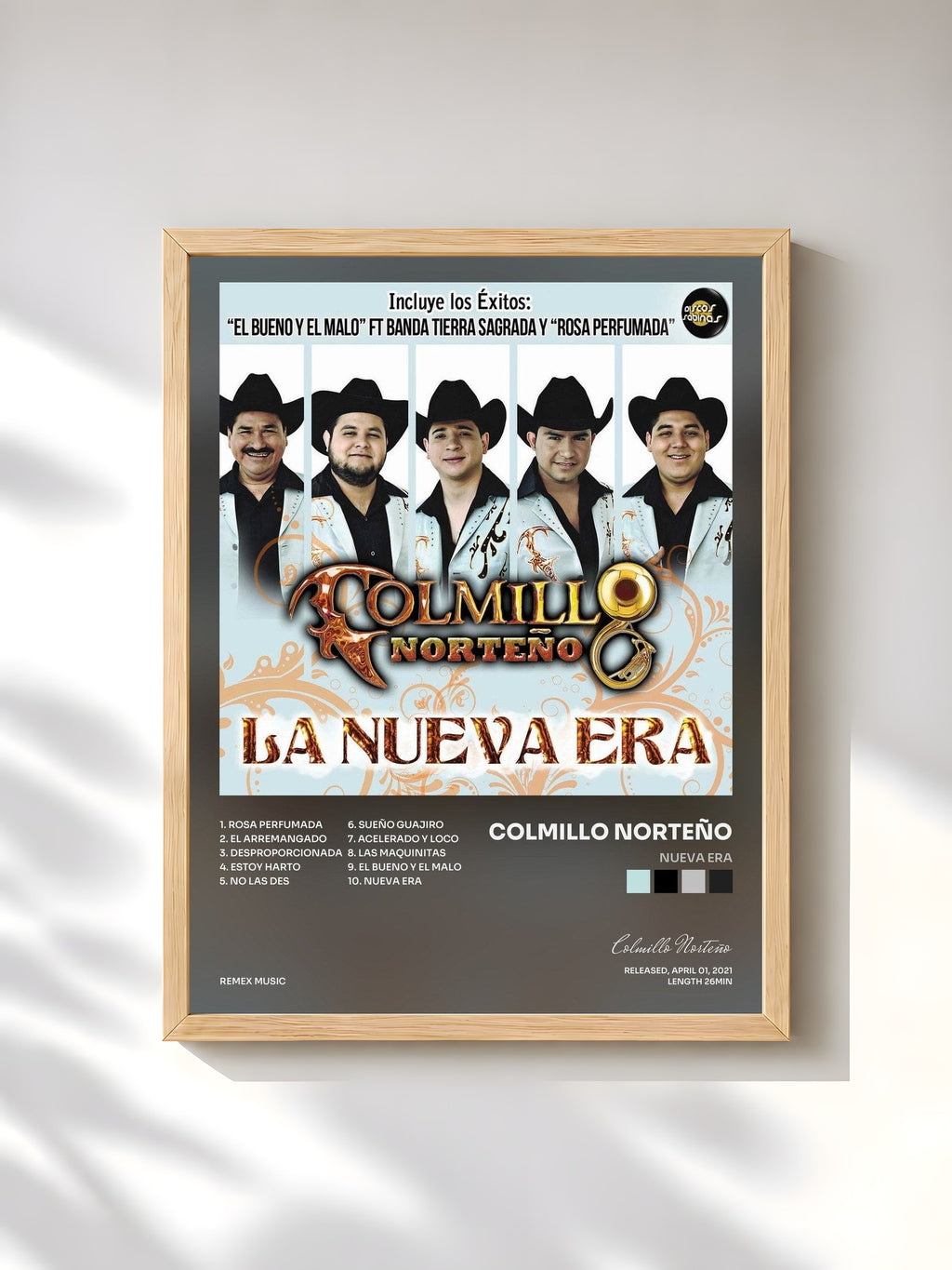 #bois Tableau de l'album Nueva Era de Colmillo Norteño, cadre en bois brut, imprimé et encadré en France