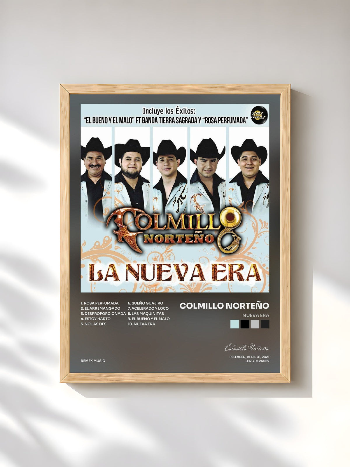 #bois Tableau de l'album Nueva Era de Colmillo Norteño, cadre en bois brut, imprimé et encadré en France