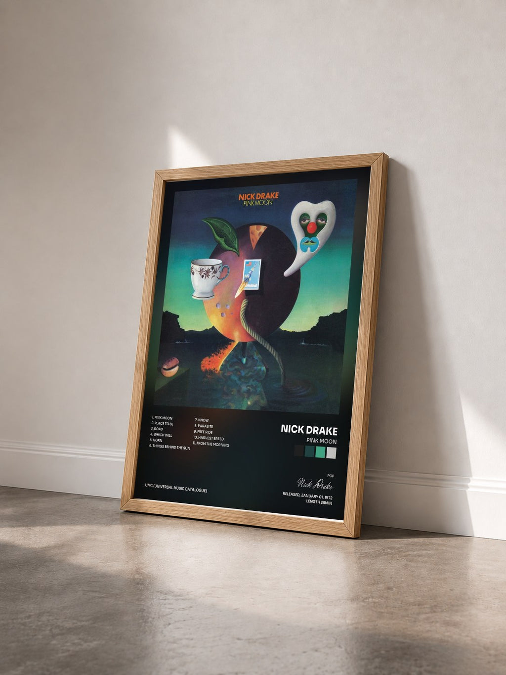 #bois Tableau de l'album Pink Moon de Nick Drake vu de trois quarts, cadre en bois brut