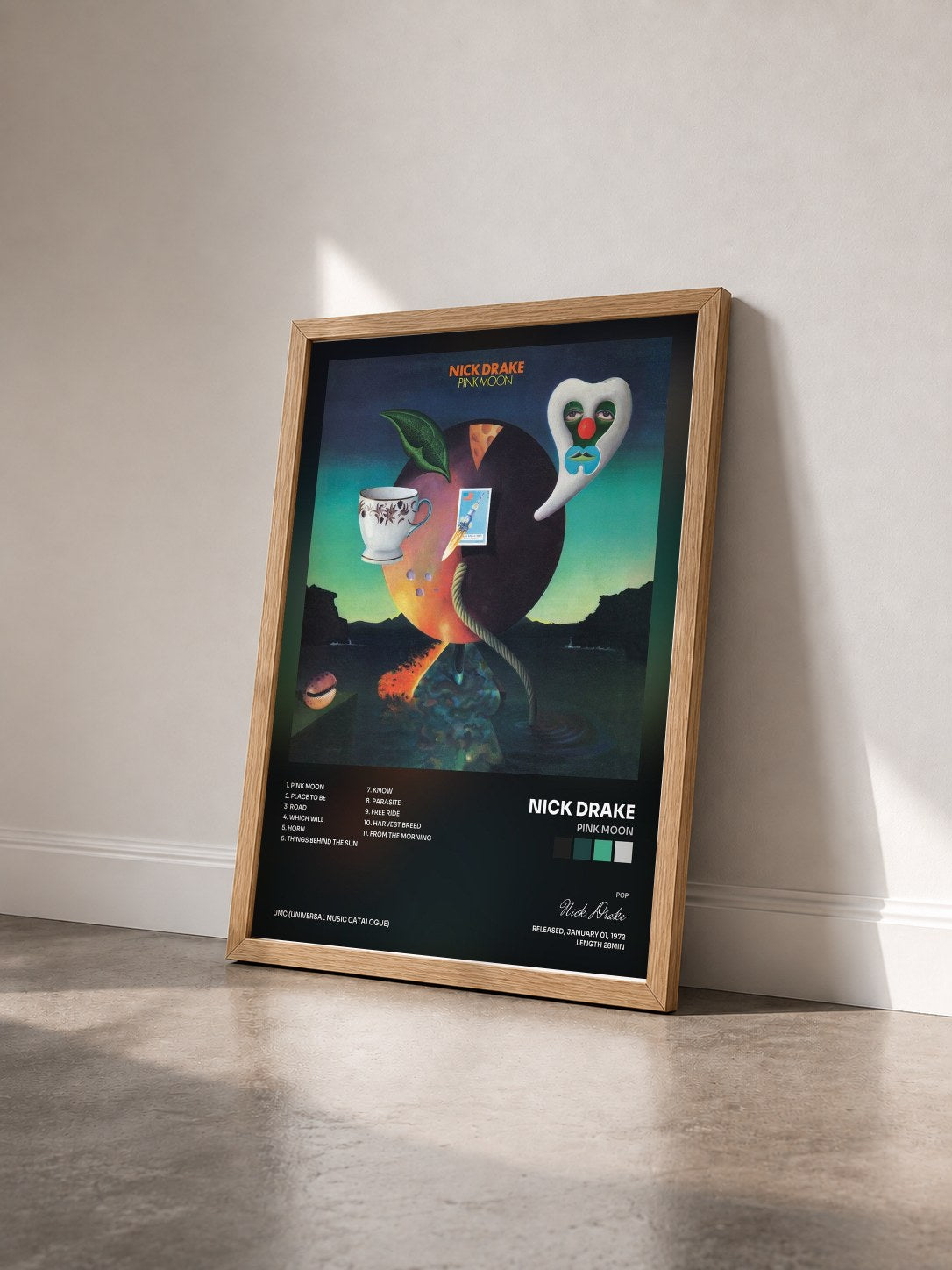 #bois Tableau de l'album Pink Moon de Nick Drake vu de trois quarts, cadre en bois brut