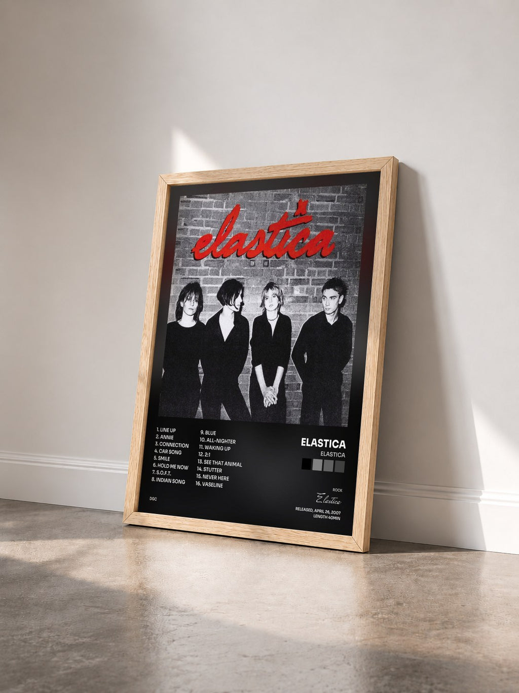 #bois Tableau de l'album Elastica de Elastica vu de trois quarts, cadre en bois brut