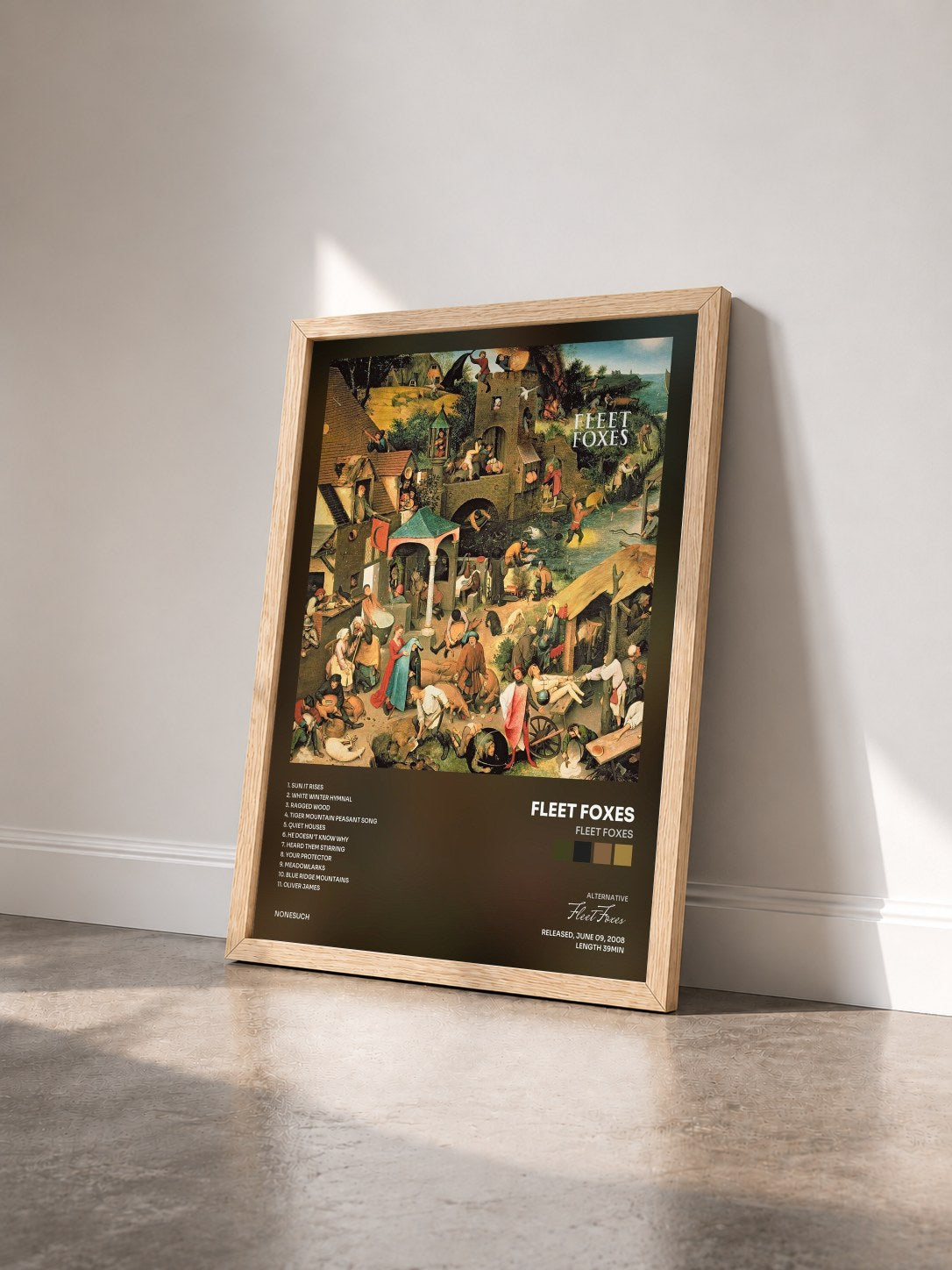 #bois Tableau de l'album Fleet Foxes de Fleet Foxes vu de trois quarts, cadre en bois brut