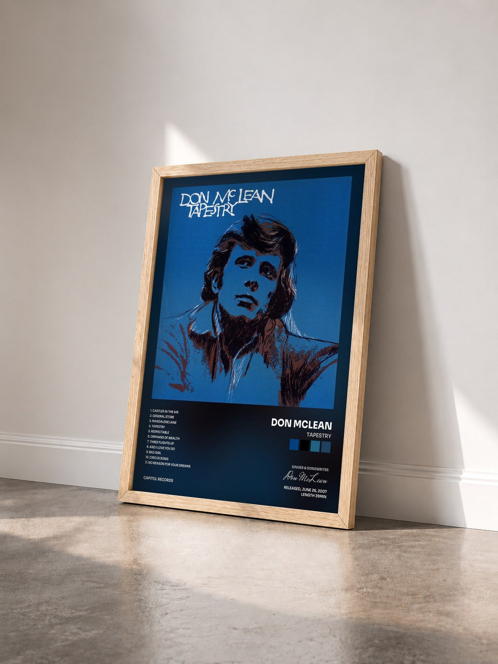 #bois Tableau de l'album Tapestry de Don McLean vu de trois quarts, cadre en bois brut