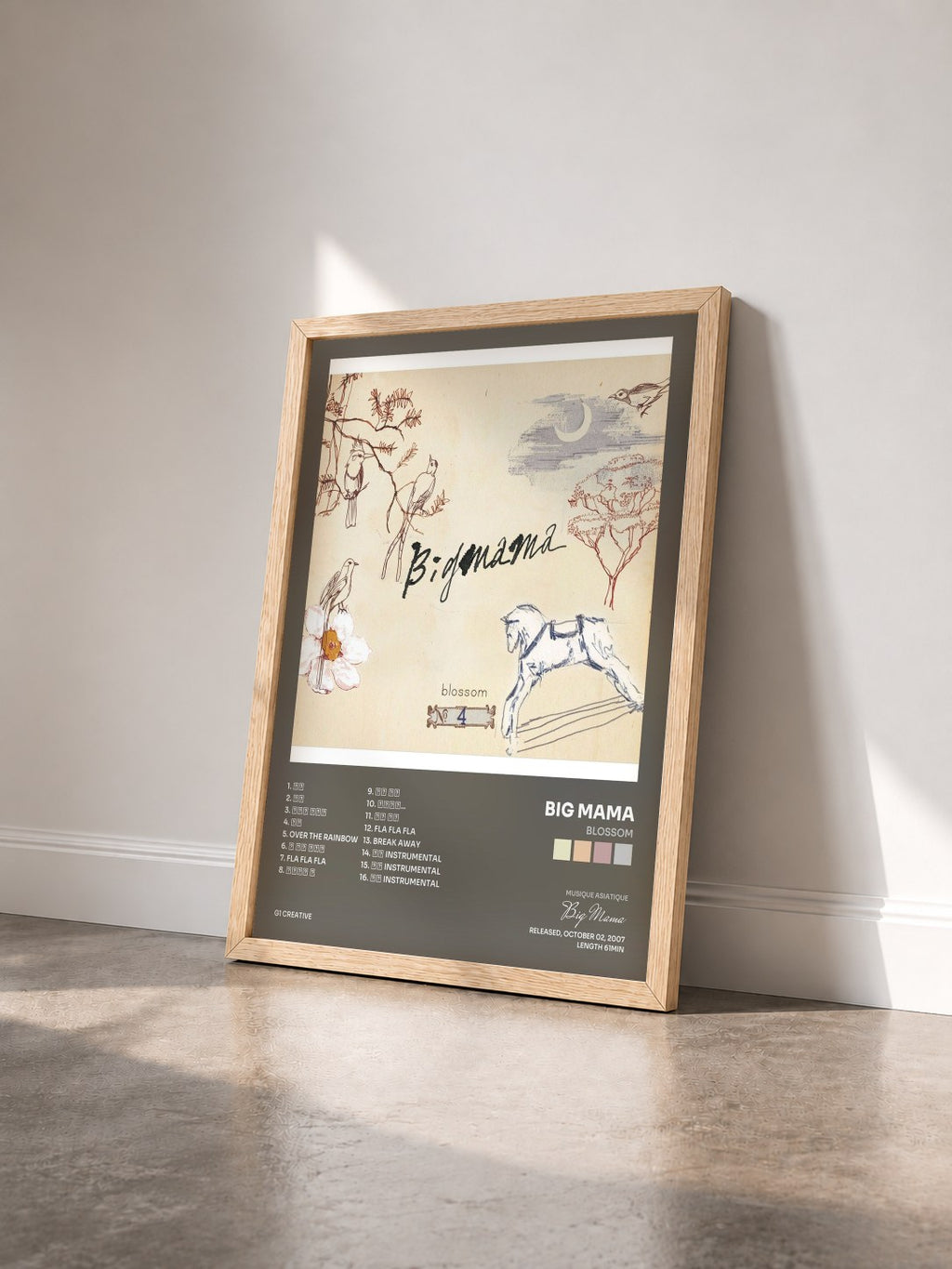 #bois Tableau de l'album Blossom de Big Mama vu de trois quarts, cadre en bois brut