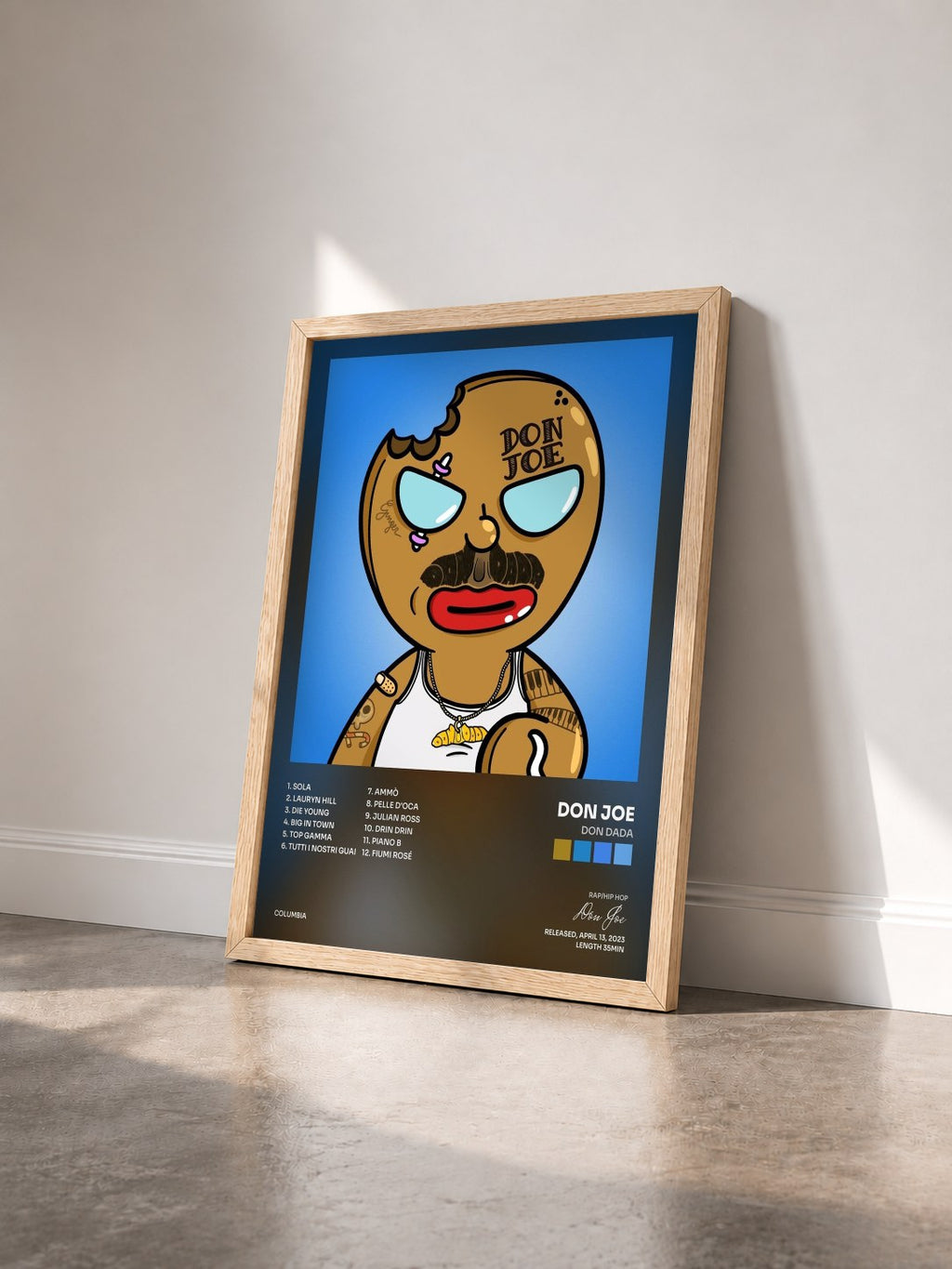 #bois Tableau de l'album DON DADA de Don Joe vu de trois quarts, cadre en bois brut