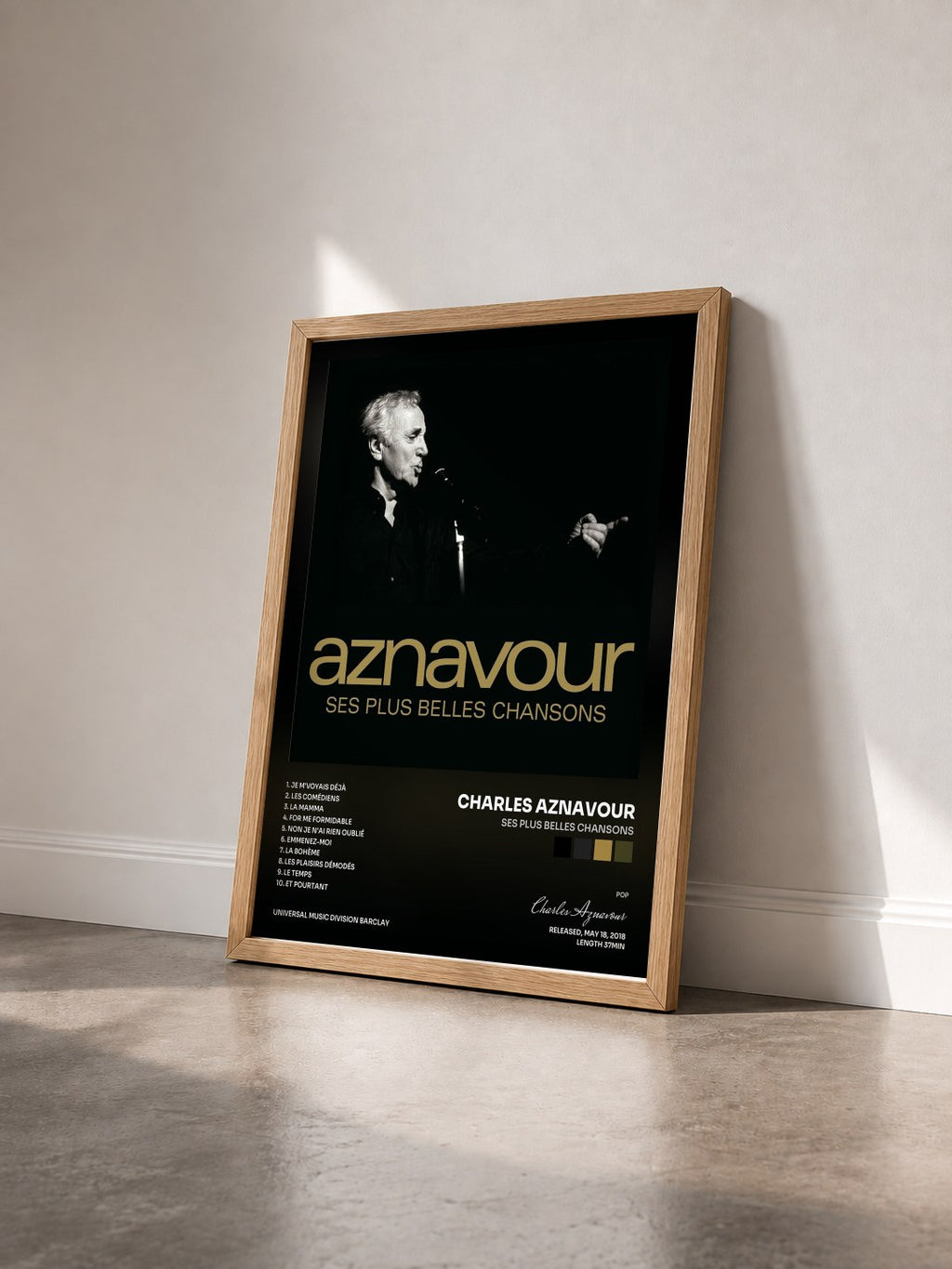 #bois Tableau de l'album Ses plus belles chansons de Charles Aznavour vu de trois quarts, cadre en bois brut