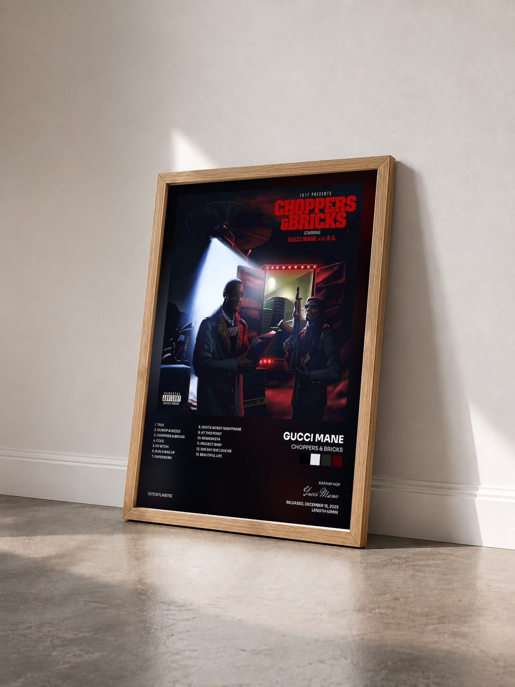 #bois Tableau de l'album Choppers & Bricks de Gucci Mane vu de trois quarts, cadre en bois brut