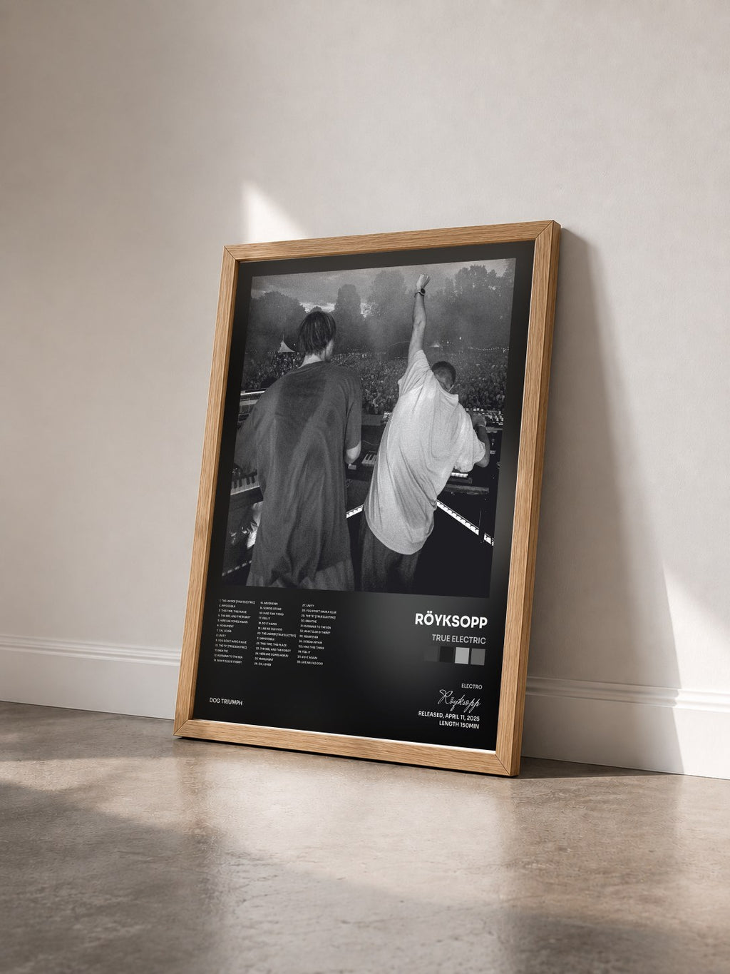 #bois Tableau de l'album True Electric de Röyksopp vu de trois quarts, cadre en bois brut
